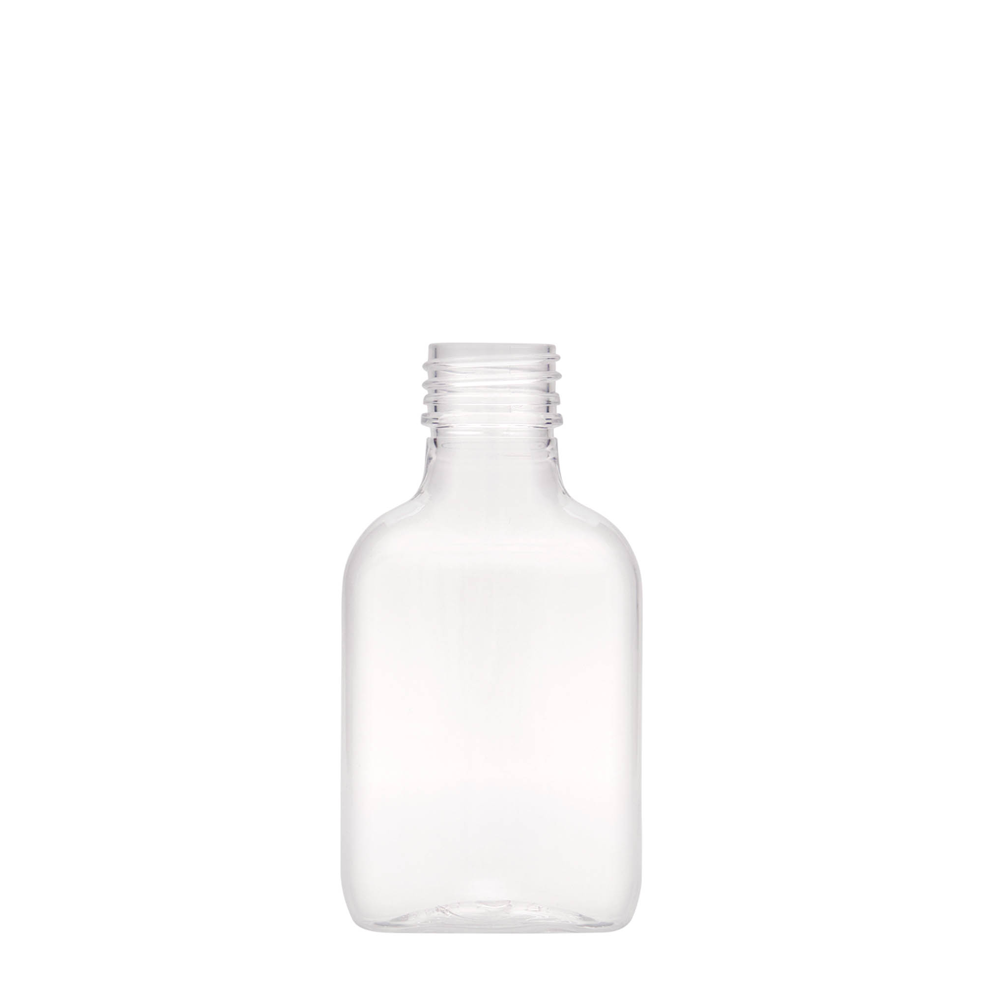 100 ml lommeflaske, oval, PET-plast, munding: PP 28