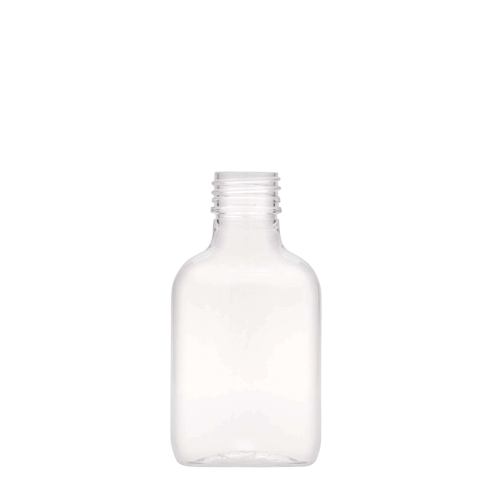 100 ml lommeflaske, oval, PET-plast, munding: PP 28