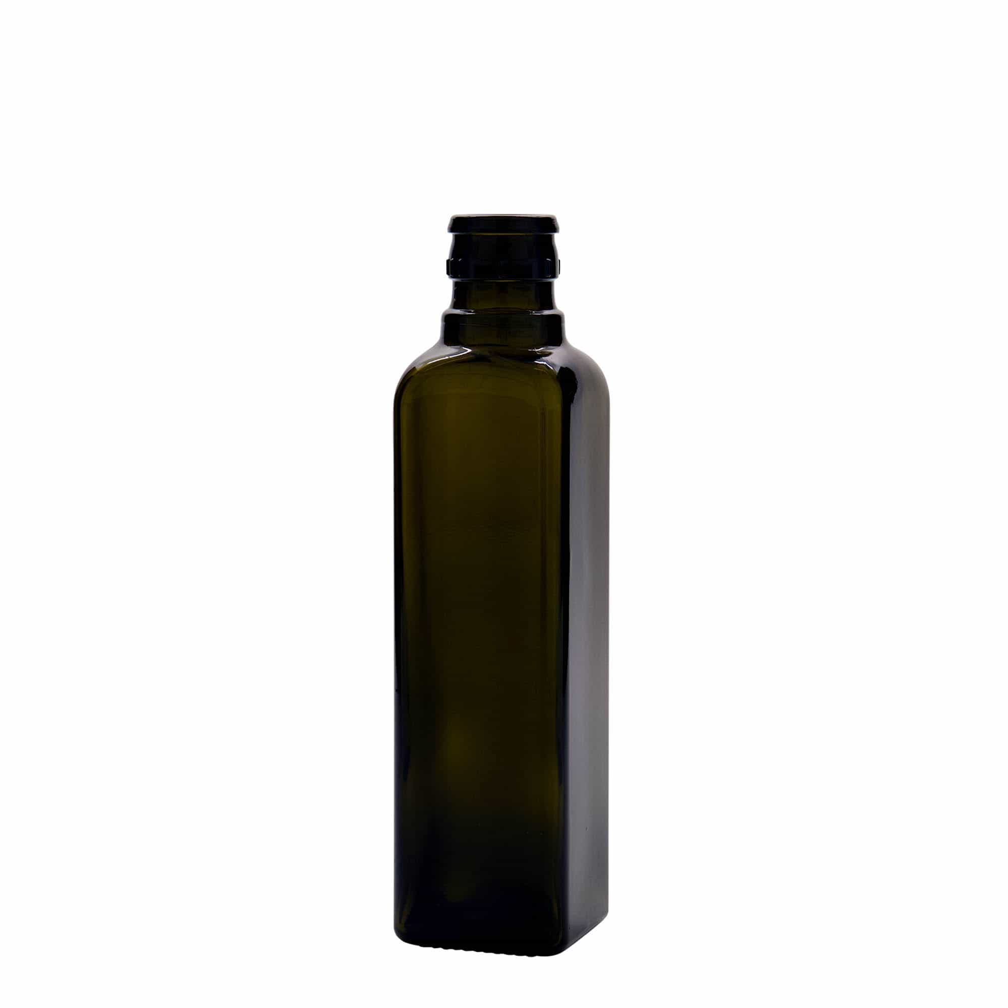 250 ml eddike-/olieflaske 'Quadra', glas, kvadratisk, antikgrøn, åbning: DOP