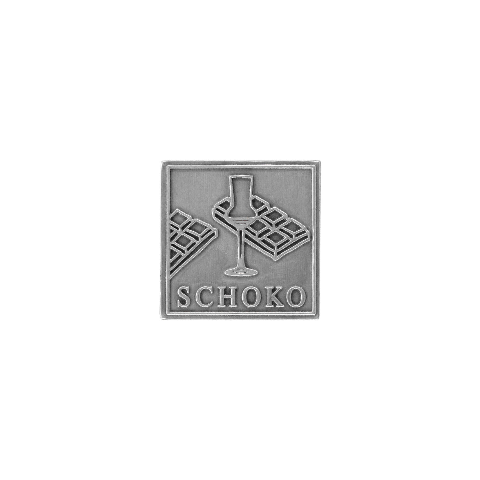 Tinlabel 'Chokolade', firkantet, metal, sølv