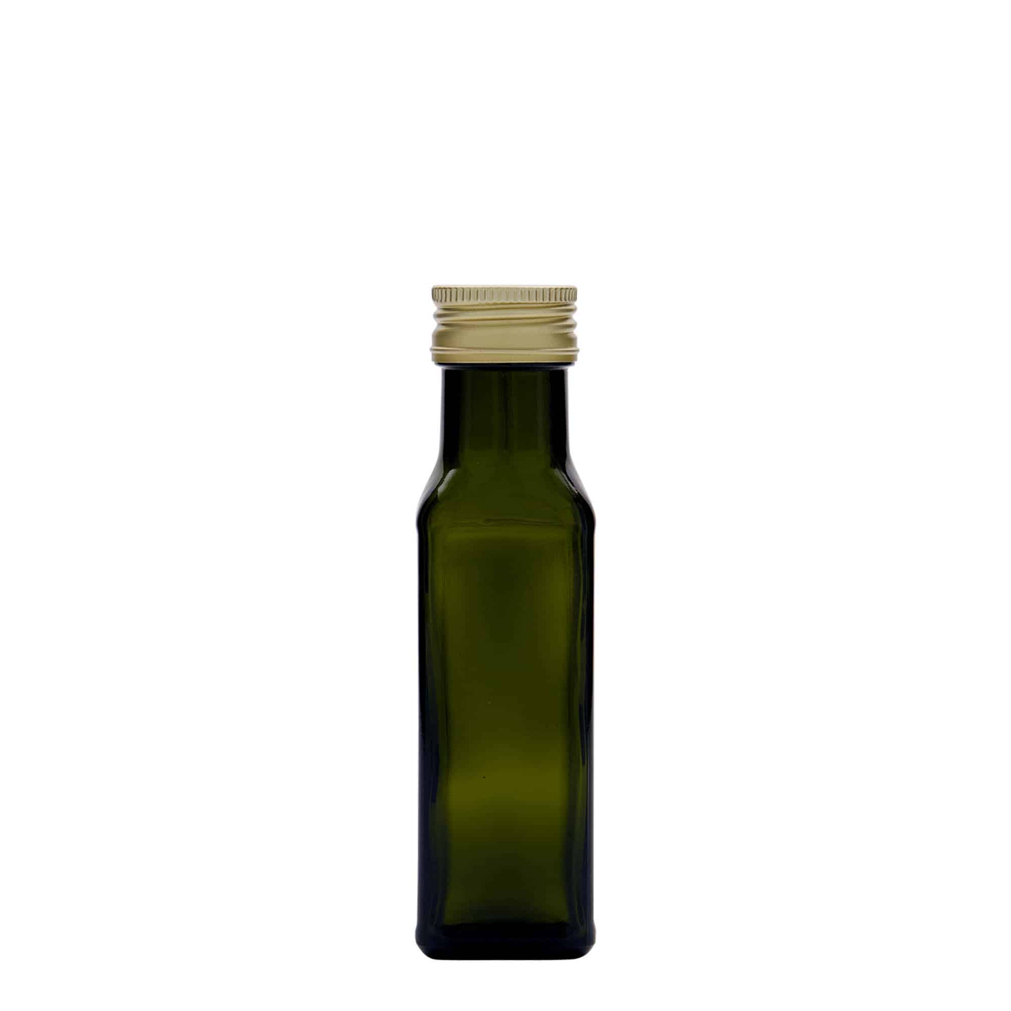 100 ml glasflaske »Marasca«, firkantet, antikgrøn, åbning: PP 31,5