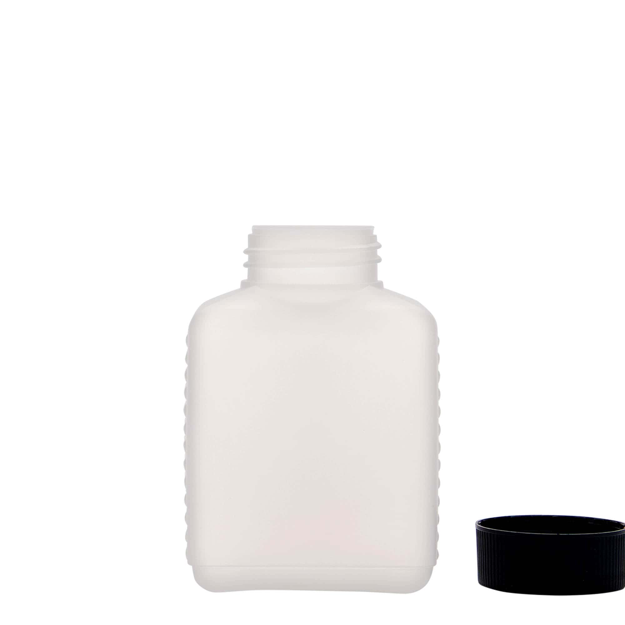 250 ml bredhalset flaske, firkantet, HDPE-plast, natur, åbning: DIN 40 EPE