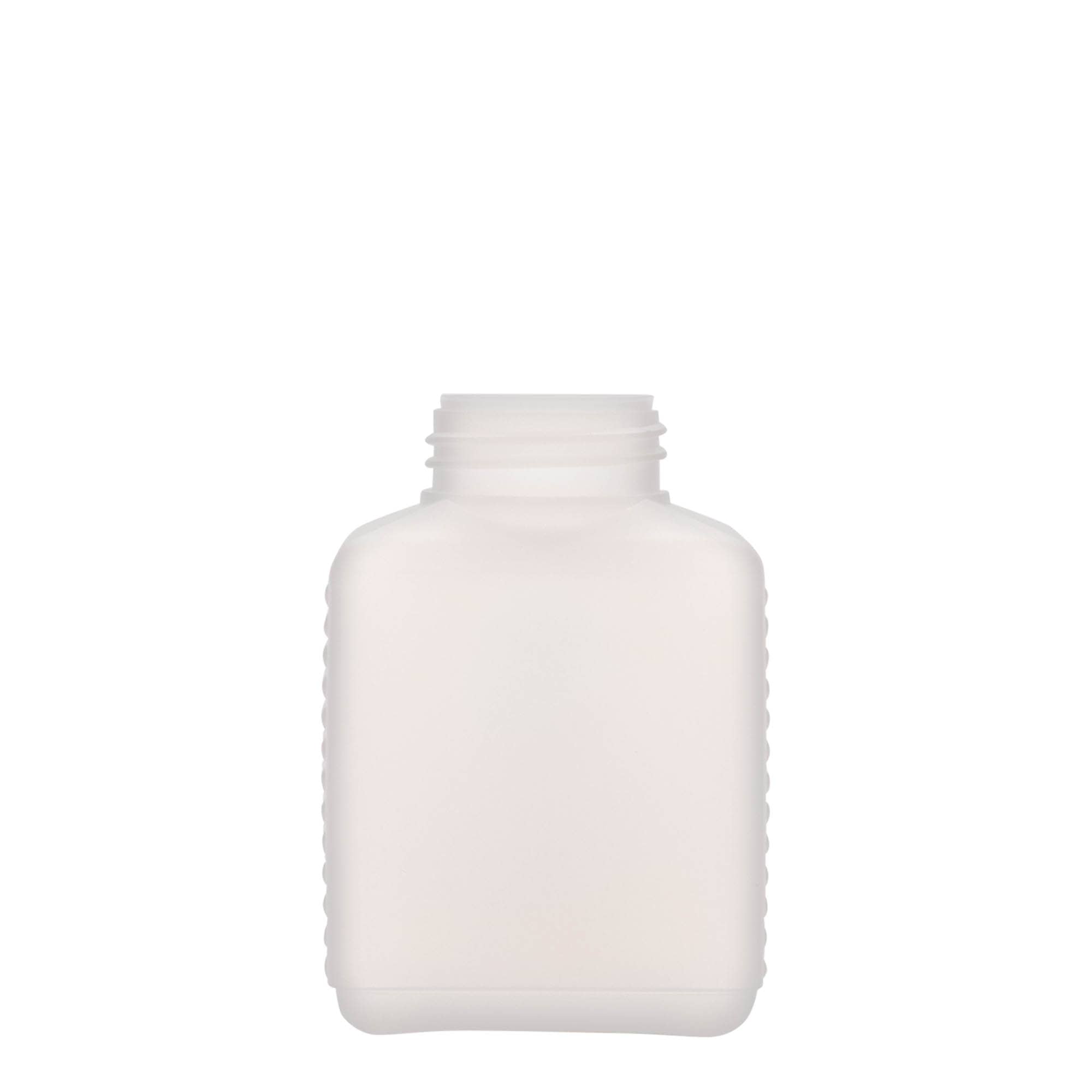250 ml bredhalsflaske, rektangulær, HDPE-plast, natur, åbning: DIN 40 EPE