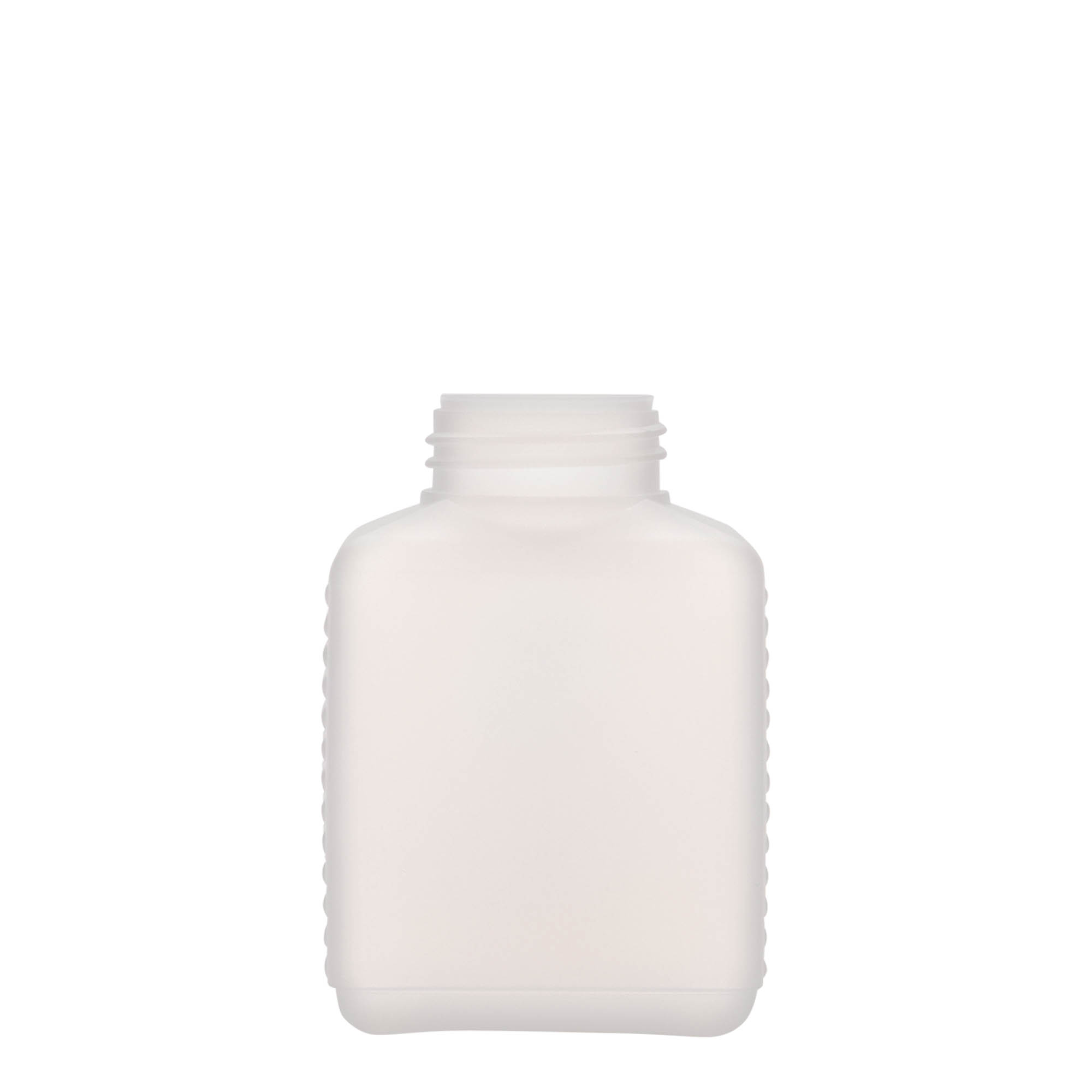 250 ml bredhalsflaske, rektangulær, HDPE-plast, natur, åbning: DIN 40 EPE