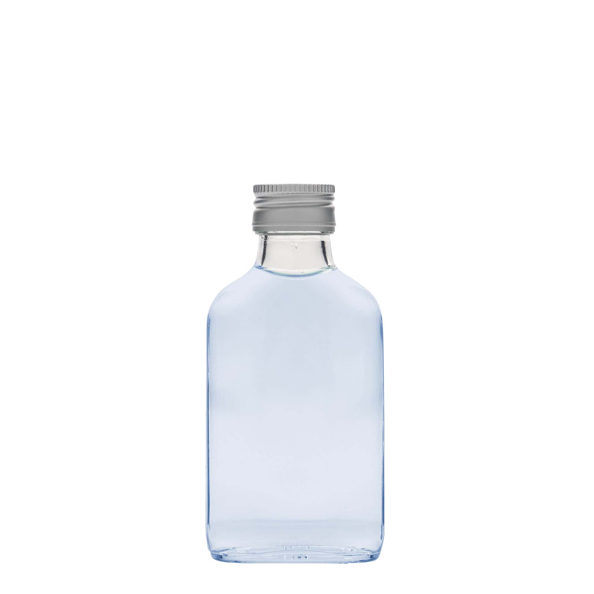 100 ml lommeflaske, rektangulær, glas, åbning: PP 28