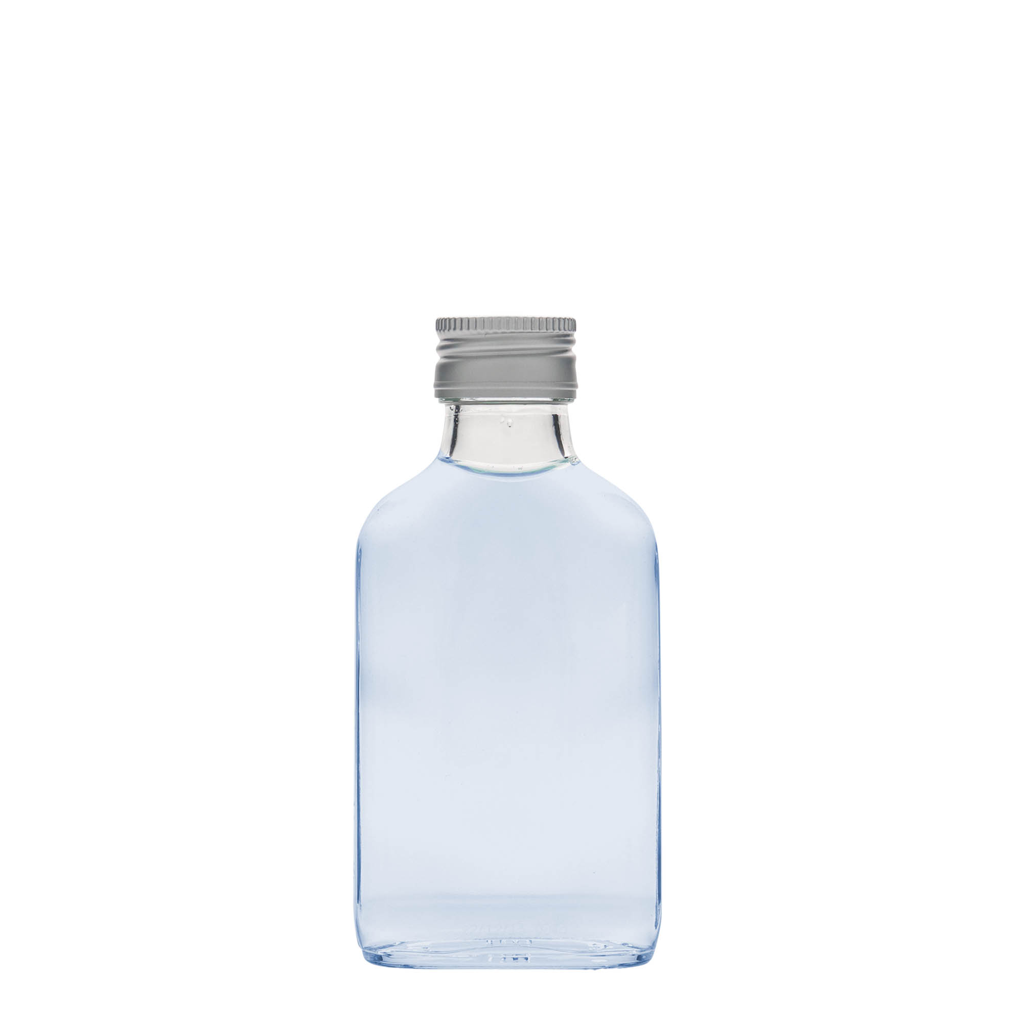 100 ml lommeflaske, rektangulær, glas, åbning: PP 28