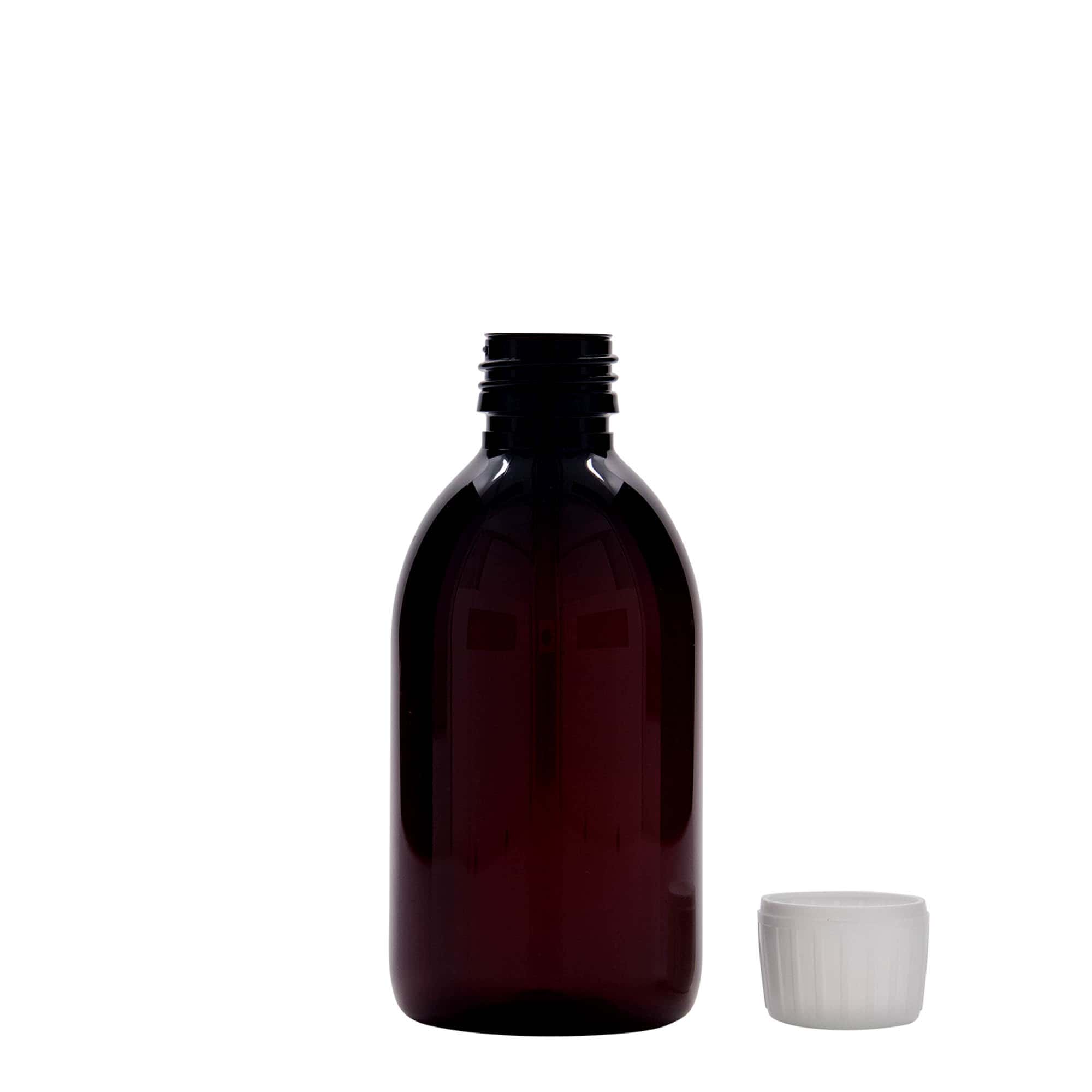 250 ml PET-medicinflaske, brun, plastik, åbning: PP 28