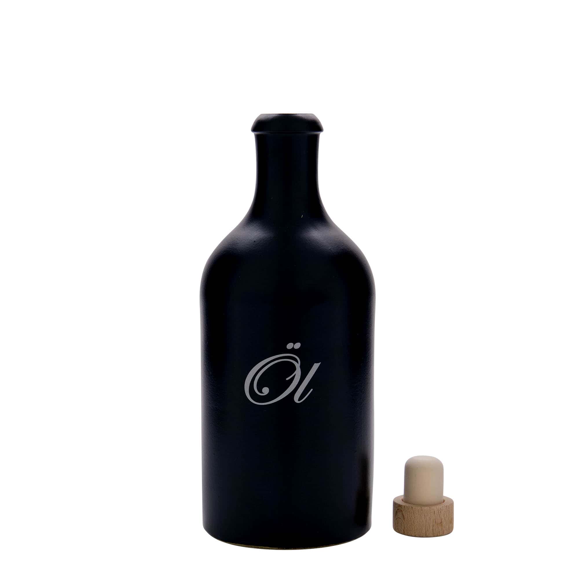 500 ml lerkrus, motiv: Olie, stentøj, sort, åbning: Kork