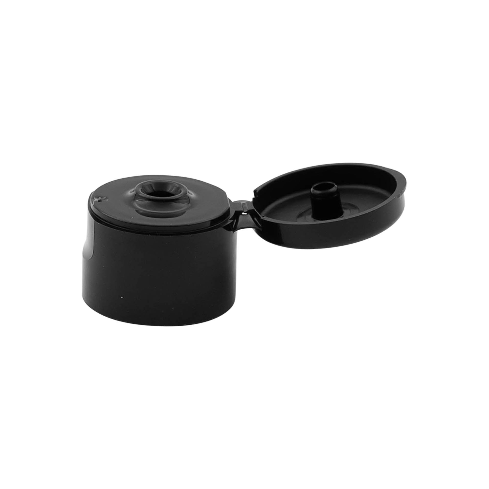 Skruelåg med klaphængsel, PP-plast, sort, til åbning: 24/410 Skruelåg med klaphængsel, PP-plast, sort, til åbning: 24/410