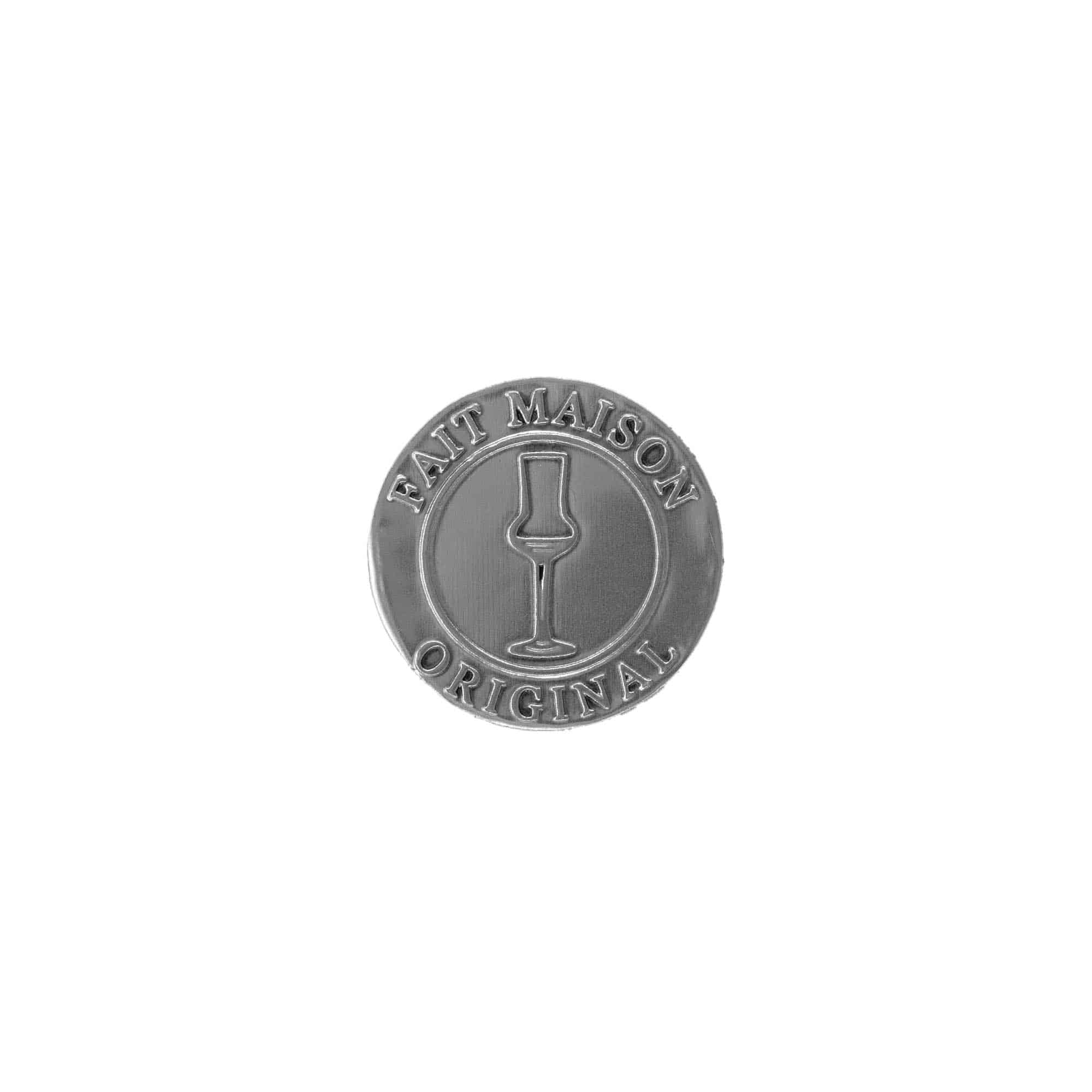 Tinetiket 'Fait Mason', rund, metal, sølv