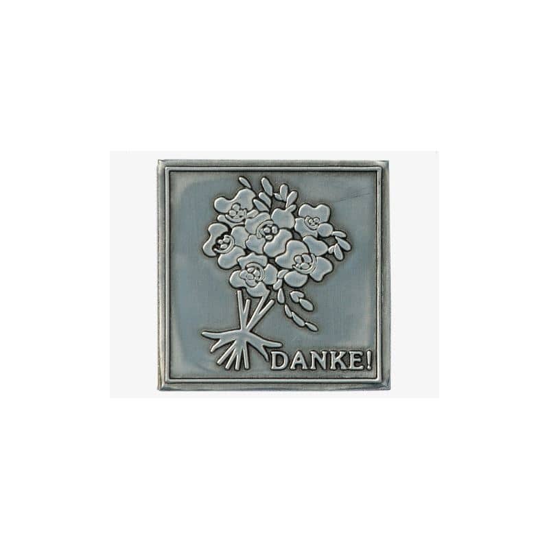Tinlabel 'Danke', kvadratisk, metal, sølv Tinlabel 'Danke', kvadratisk, metal, sølv