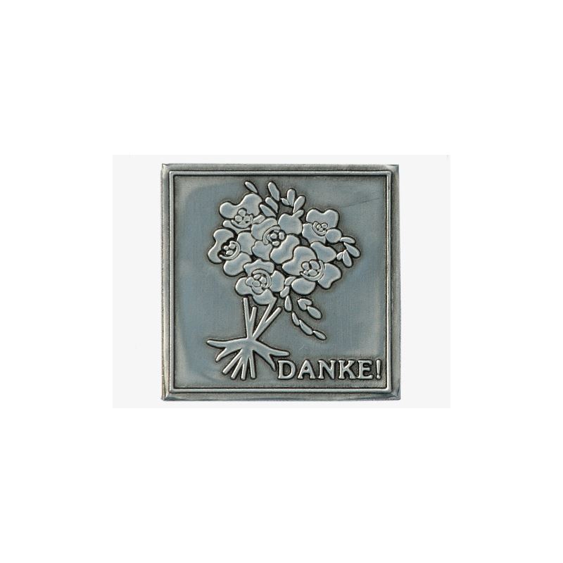 Tinlabel 'Danke', kvadratisk, metal, sølv