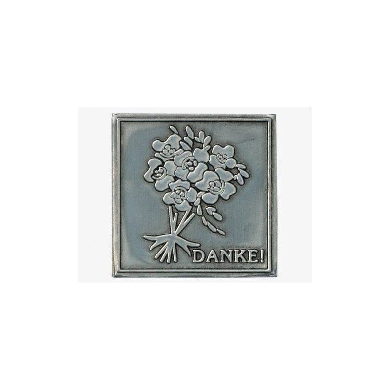 Tinlabel »Danke«, kvadratisk, metal, sølv