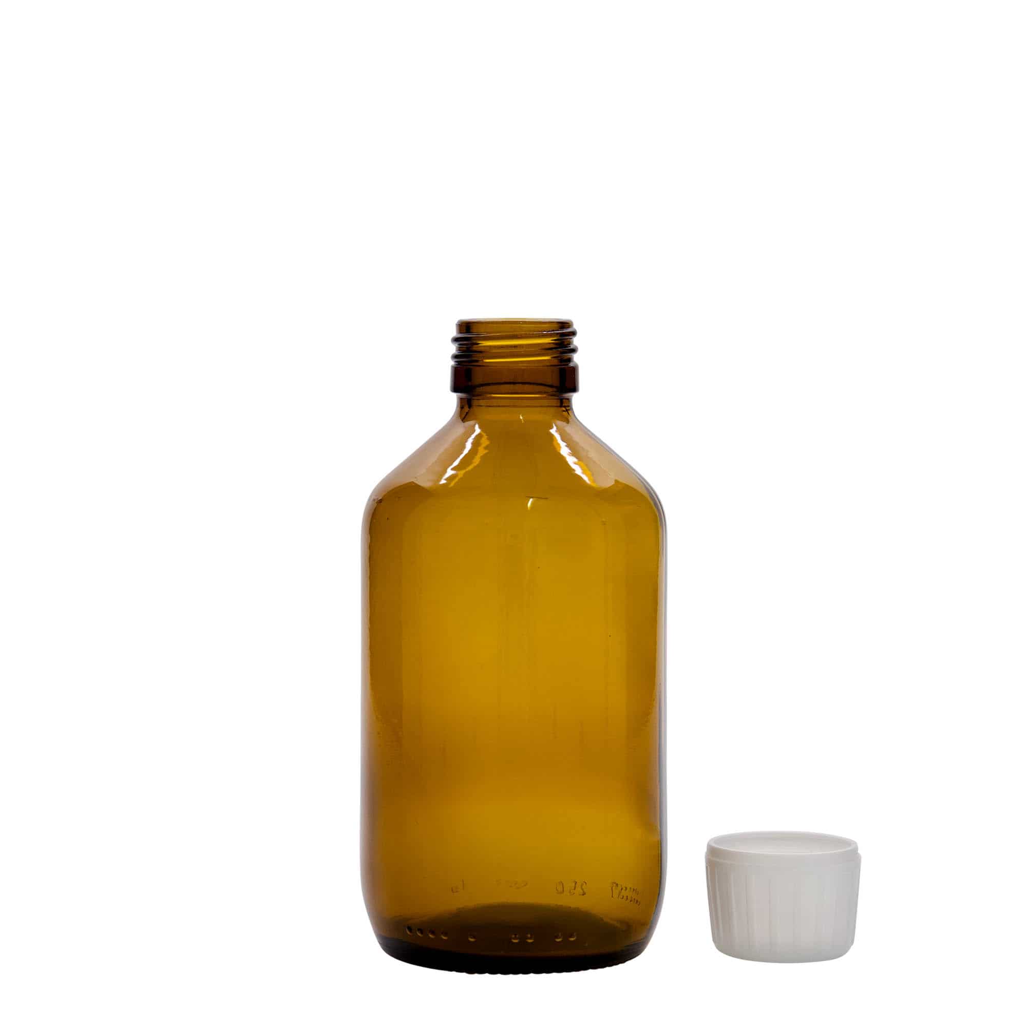 250 ml medicinflaske, brun, glas, åbning: PP 28