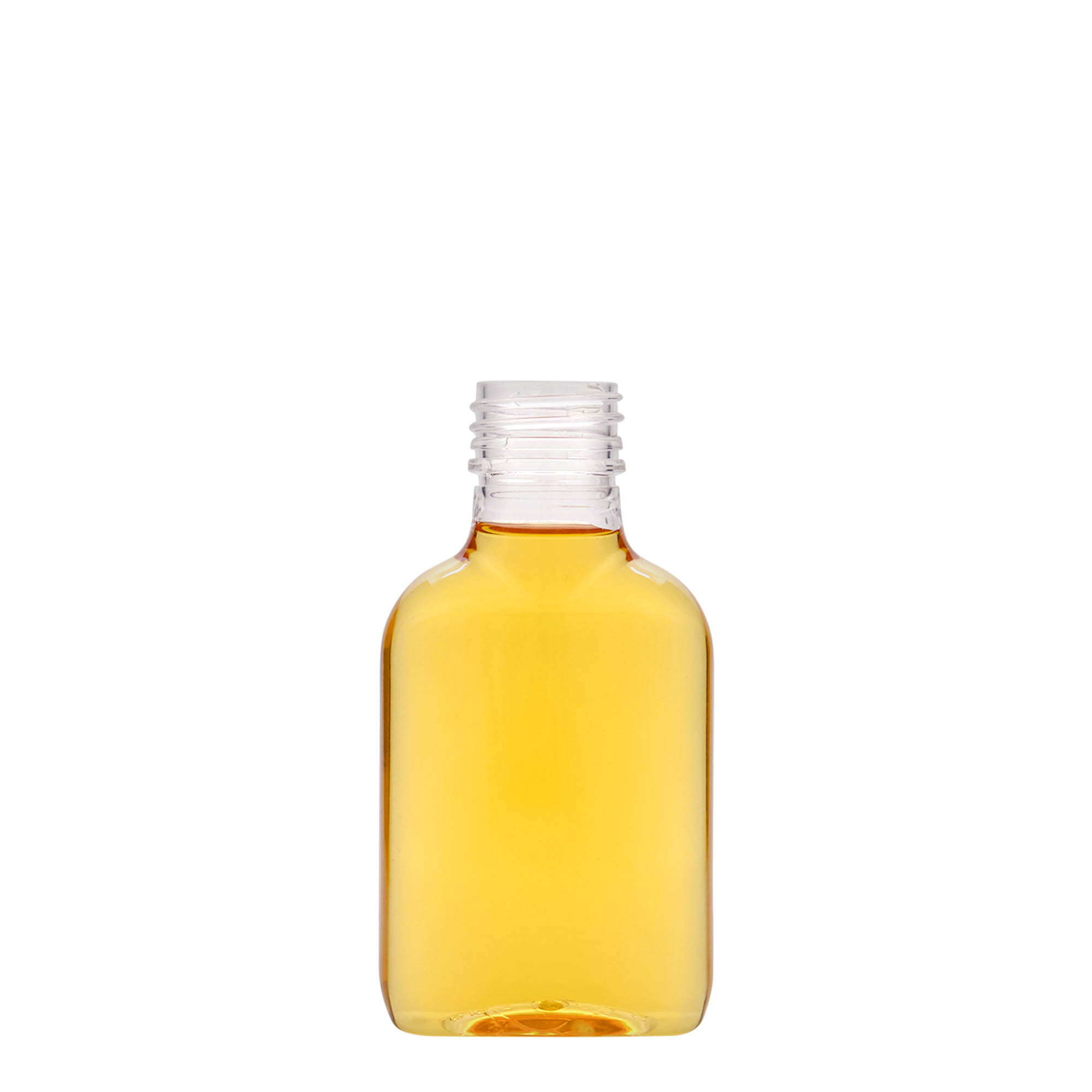 100 ml lommeflaske, oval, PET-plast, munding: PP 28