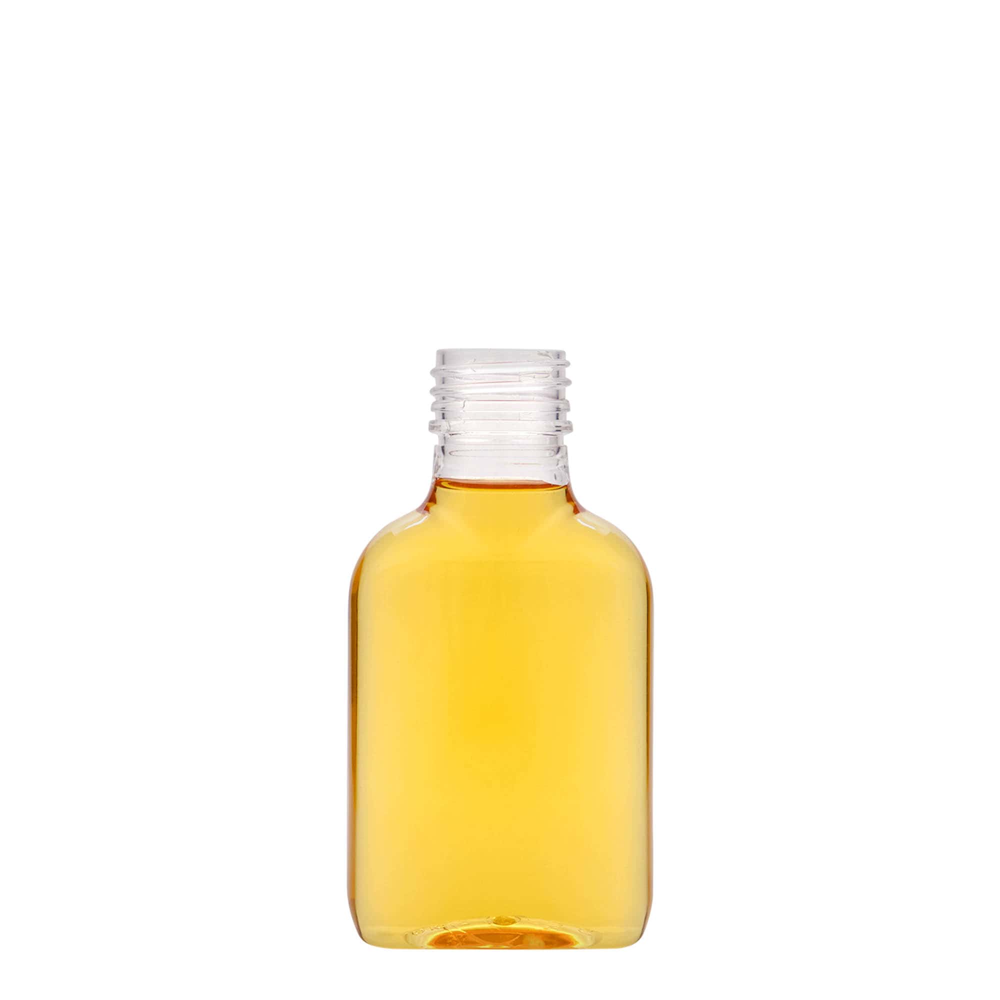 100 ml lommeflaske, oval, PET-plast, munding: PP 28
