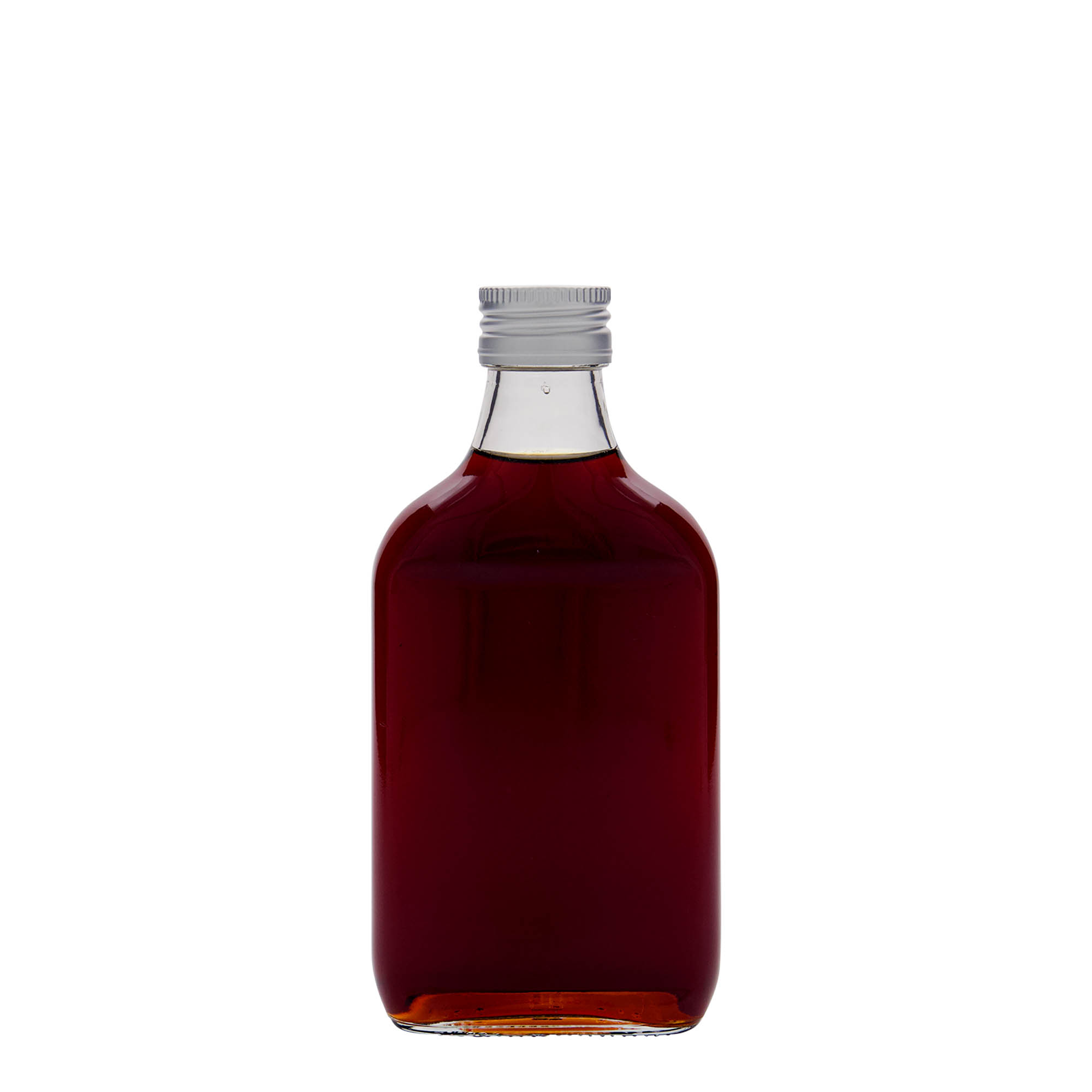 200 ml lommeflaske, rektangulær, glas, åbning: PP 28