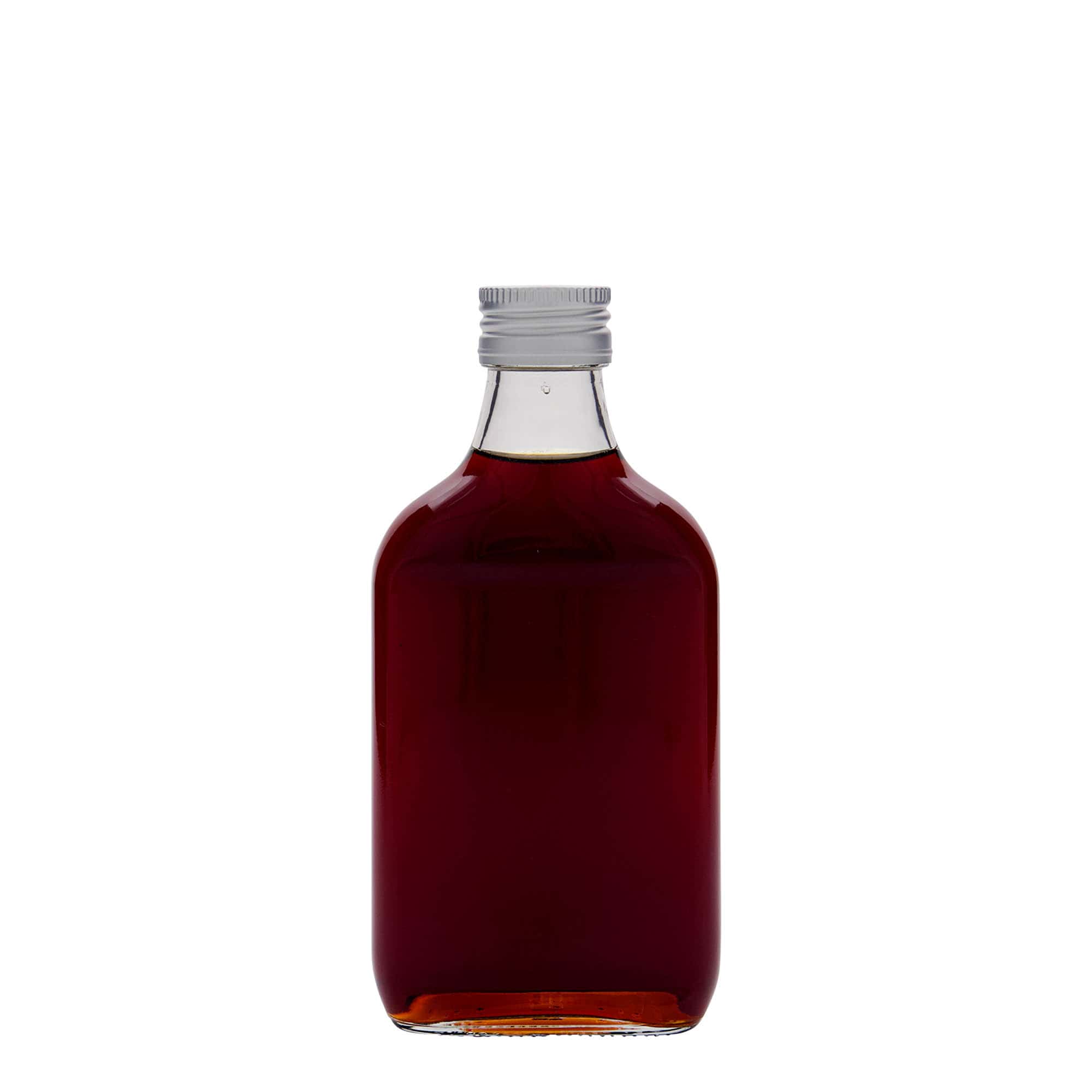 200 ml lommeflaske, rektangulær, glas, åbning: PP 28