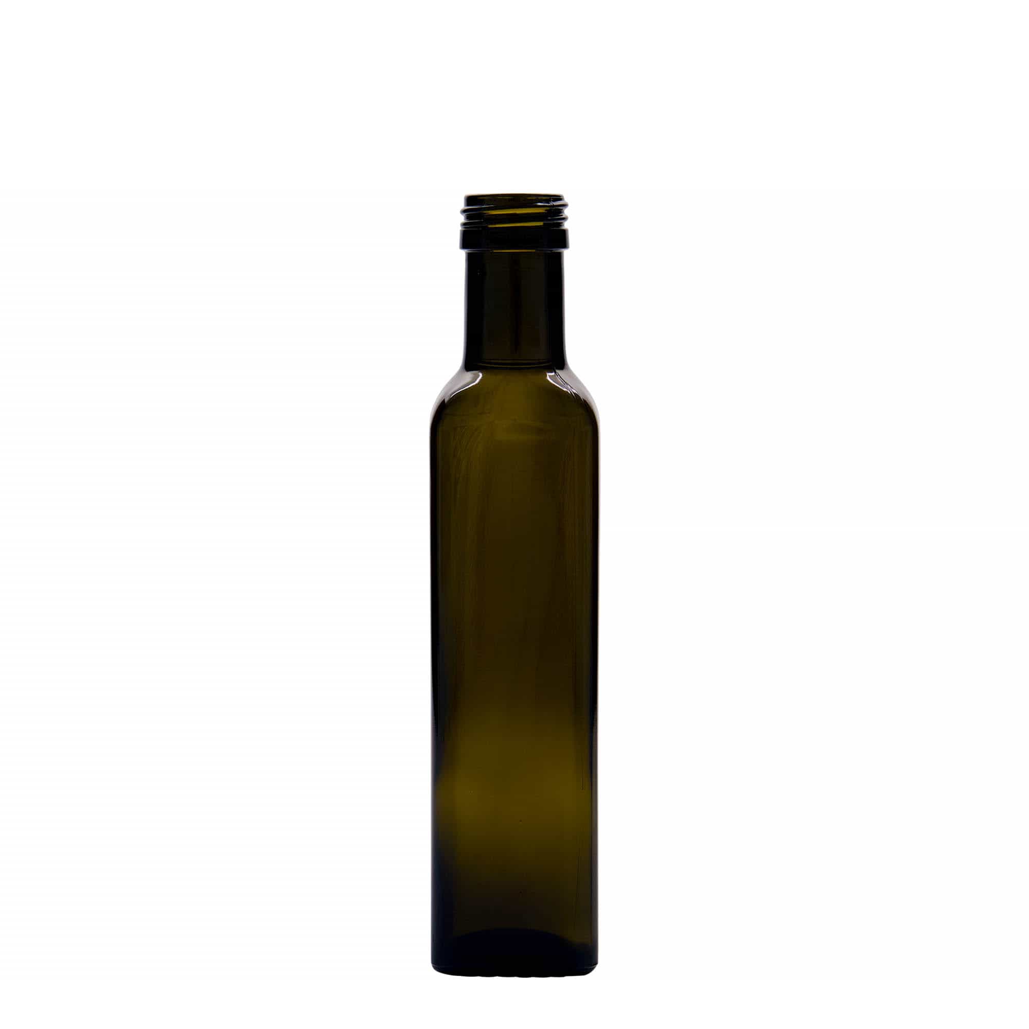 250 ml glasflaske 'Marasca', kvadratisk, antikgrøn, åbning: PP 31,5 250 ml glasflaske 'Marasca', kvadratisk, antikgrøn, åbning: PP 31,5