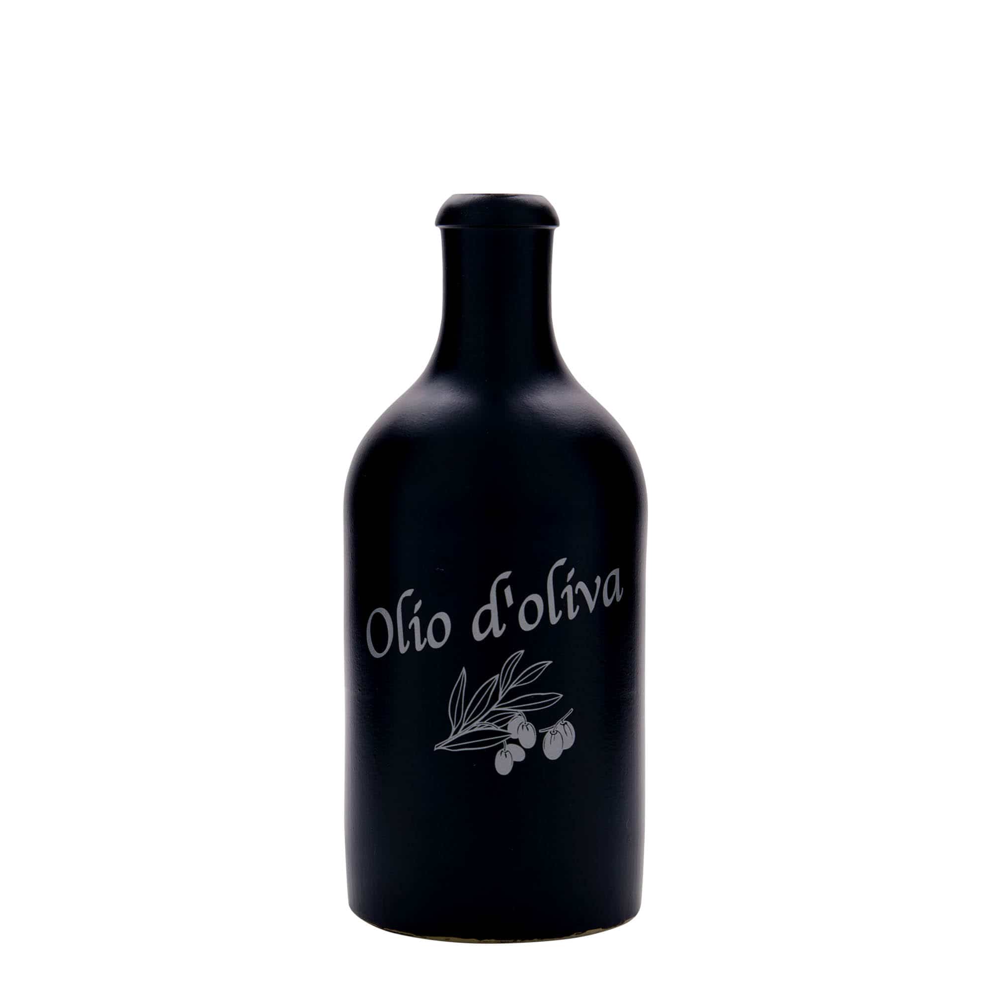 500 ml lerkrus, motiv: Olio d'Oliva, stentøj, sort, åbning: Kork