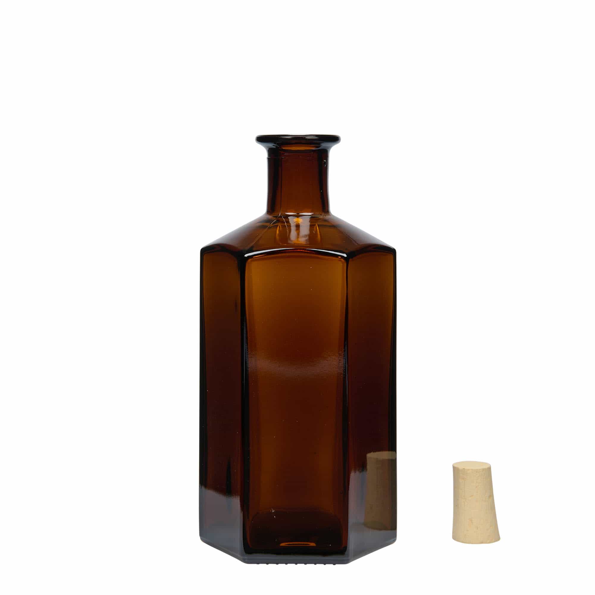 500 ml glasflaske apoteker 'Jimmy'. sekskantet. brun. åbning: Kork