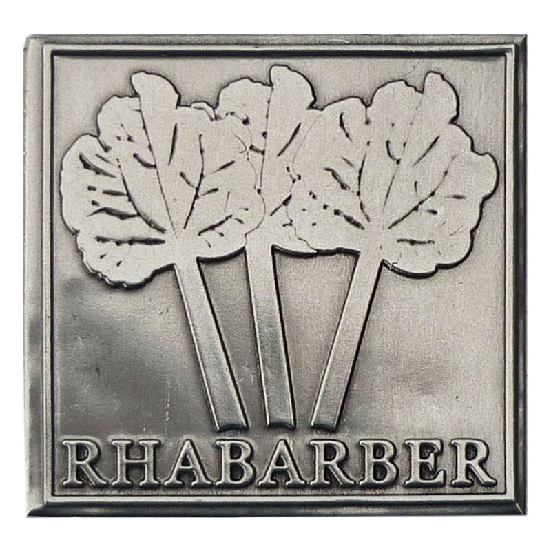 Tinetiket 'Rabarber', kvadratisk, metal, sølv