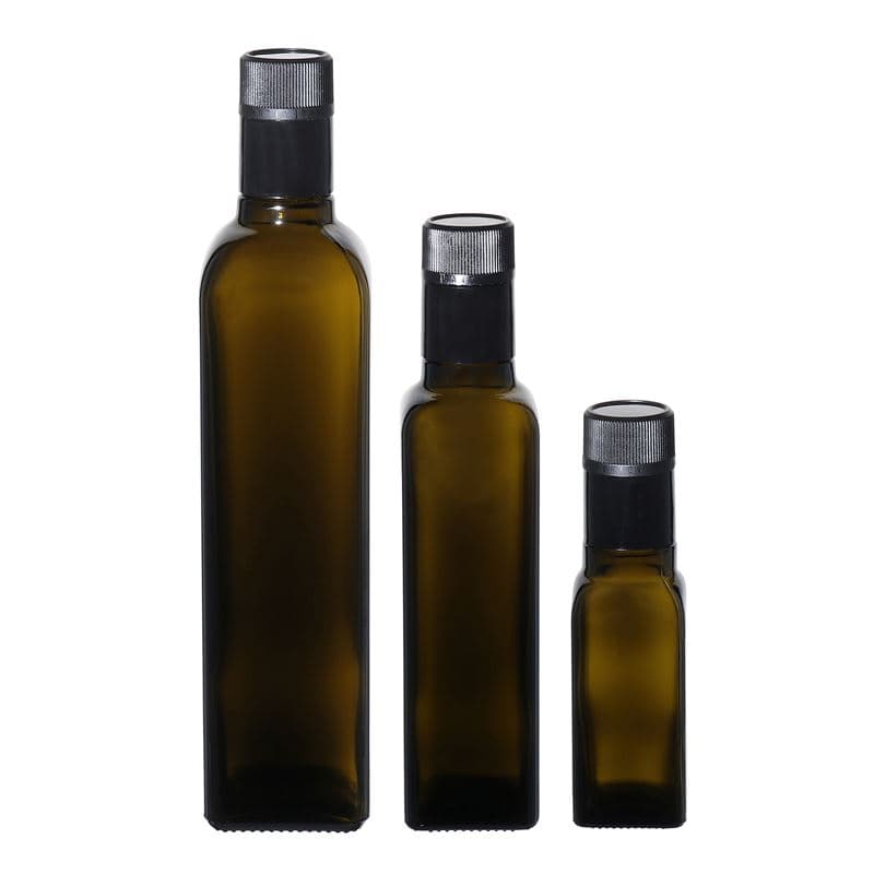 100 ml eddike-/olieflaske 'Quadra', glas, kvadratisk, antikgrøn, åbning: DOP