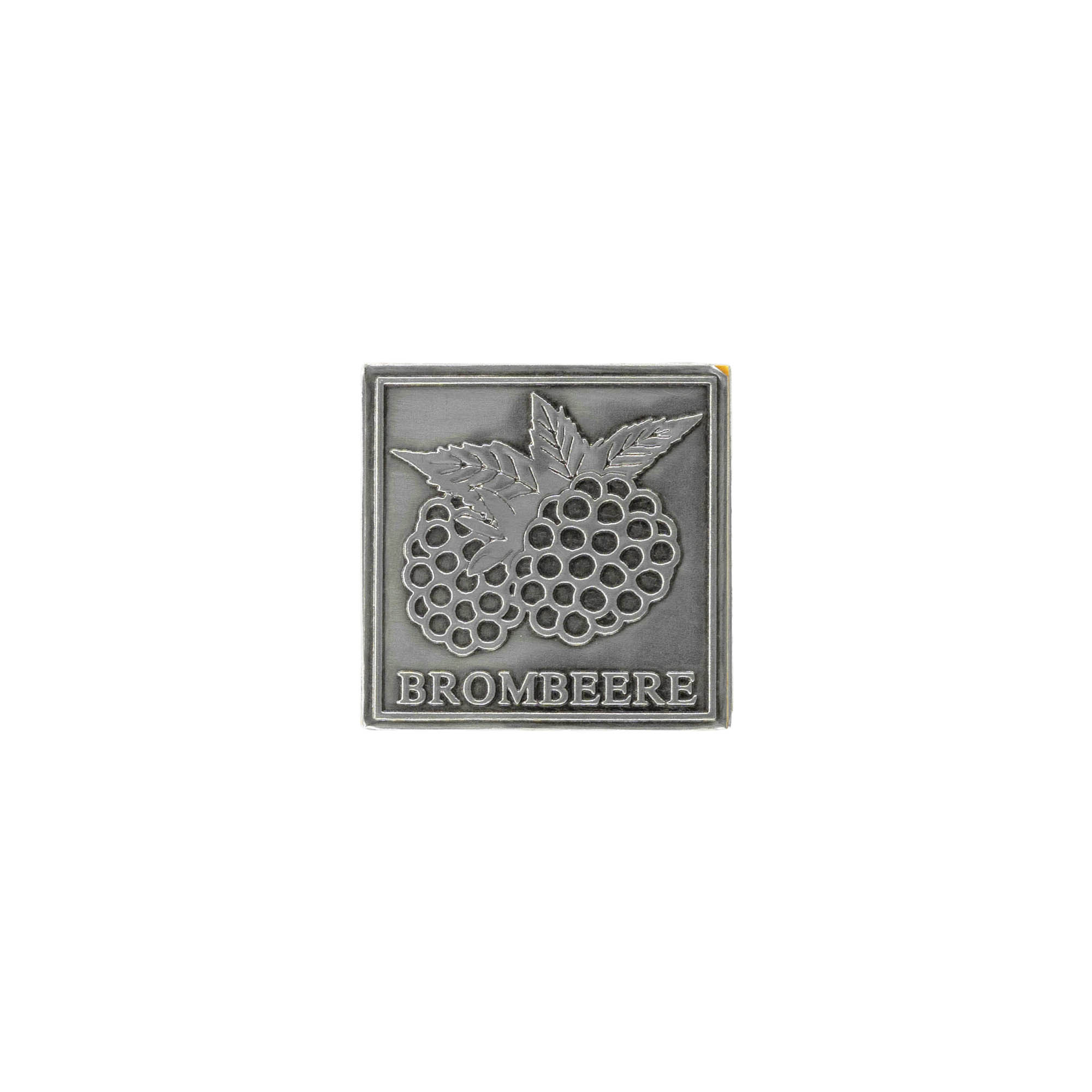 Tinlabel 'Brombær', firkantet, metal, sølv Tinlabel 'Brombær', firkantet, metal, sølv