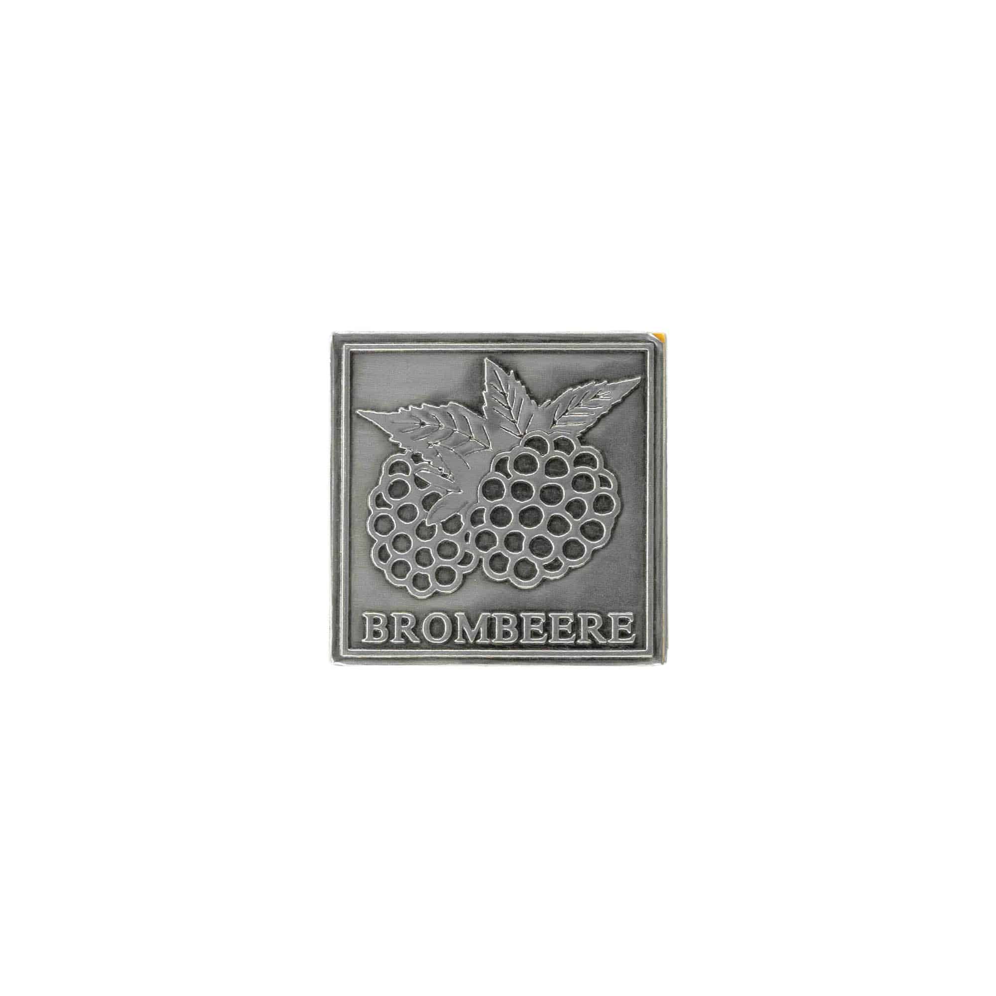 Tinlabel 'Brombær', firkantet, metal, sølv