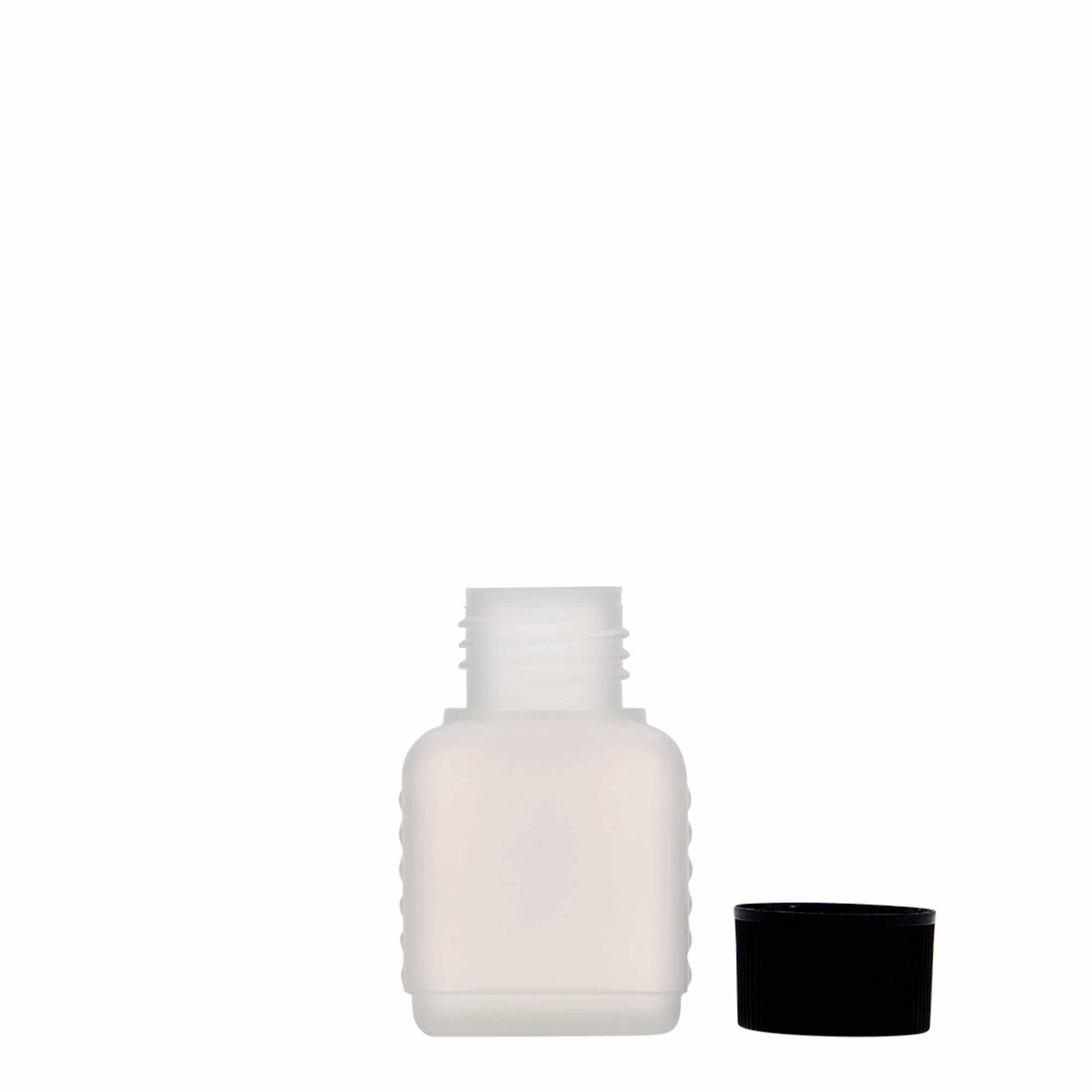50 ml beholderflaske, firkantet, HDPE-plast, natur, åbning: DIN 25