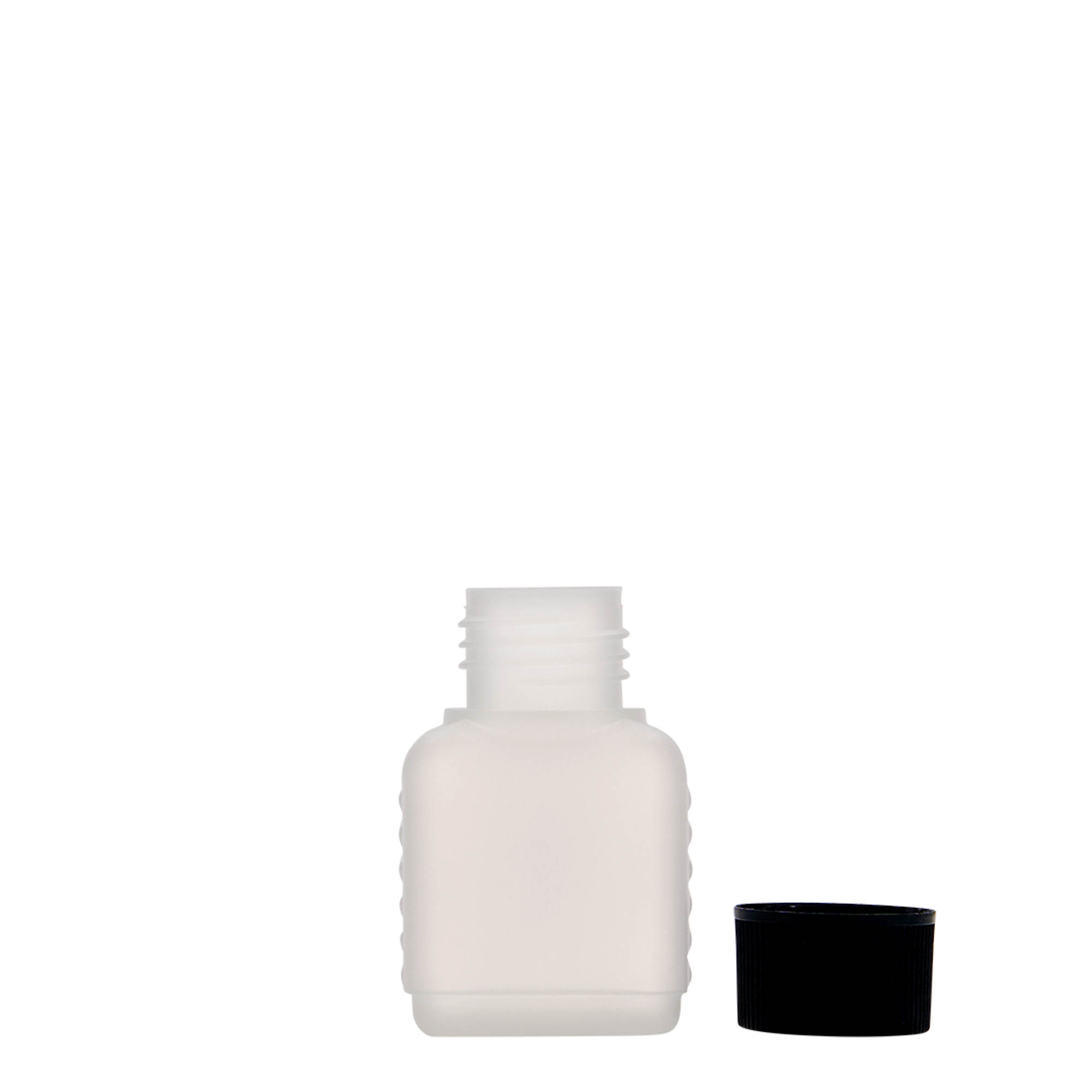 50 ml dunkflaske, rektangulær, HDPE-plast, natur, åbning: DIN 25