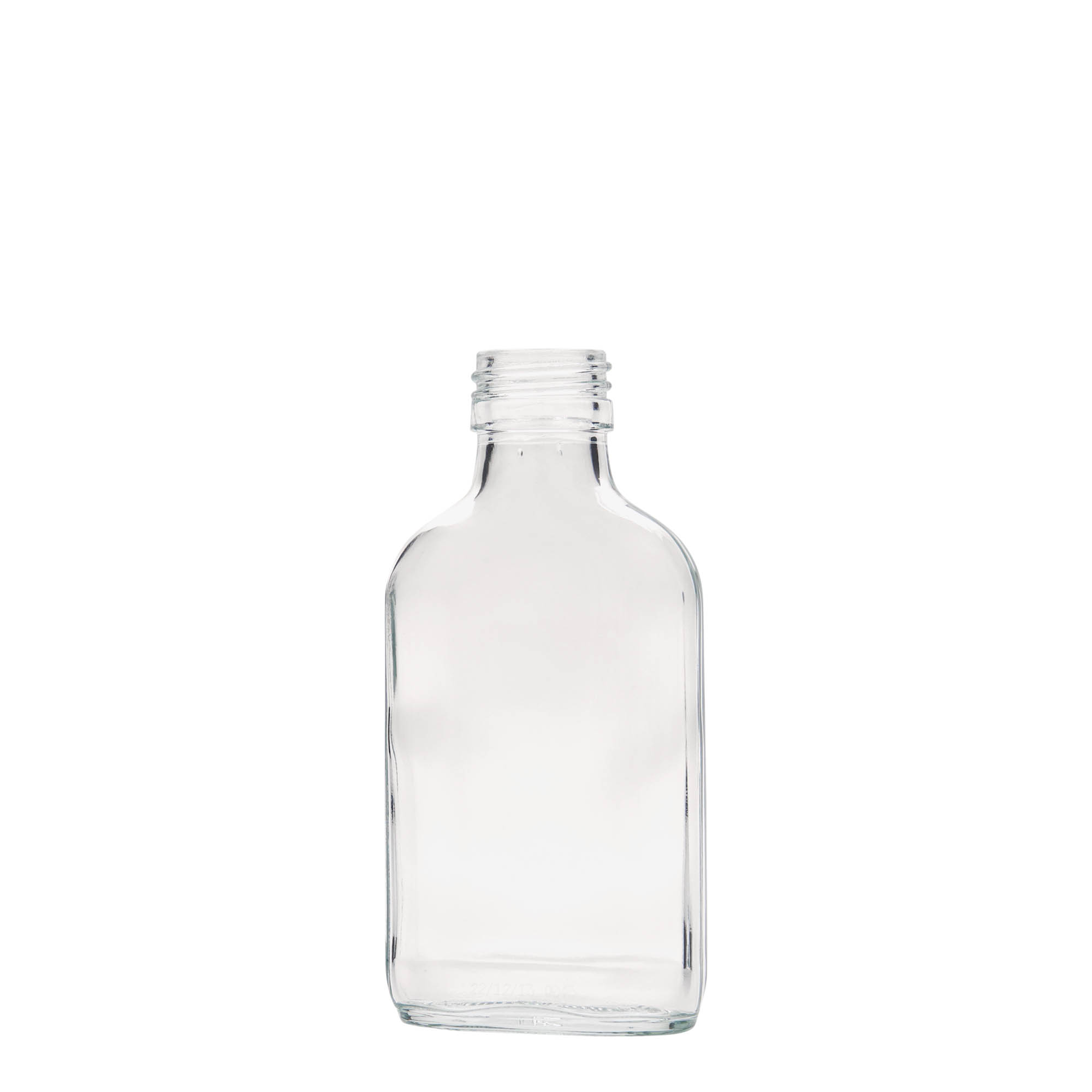100 ml lommeflaske, rektangulær, glas, åbning: PP 28 100 ml lommeflaske, rektangulær, glas, åbning: PP 28
