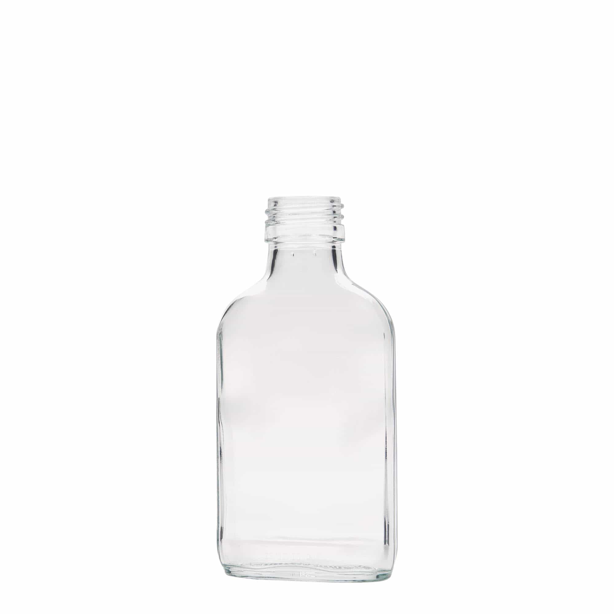 100 ml lommeflaske, rektangulær, glas, åbning: PP 28