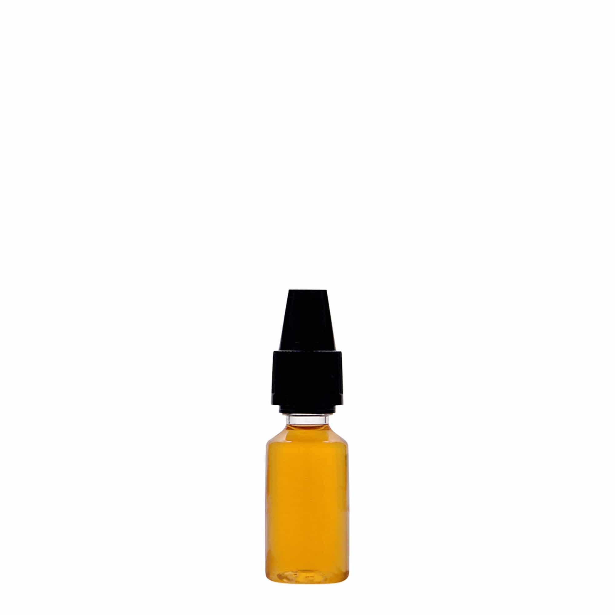 10 ml PET-flaske 'E-Liquid' med kvalitets- og børnesikring, plastik, åbning: skruelåg