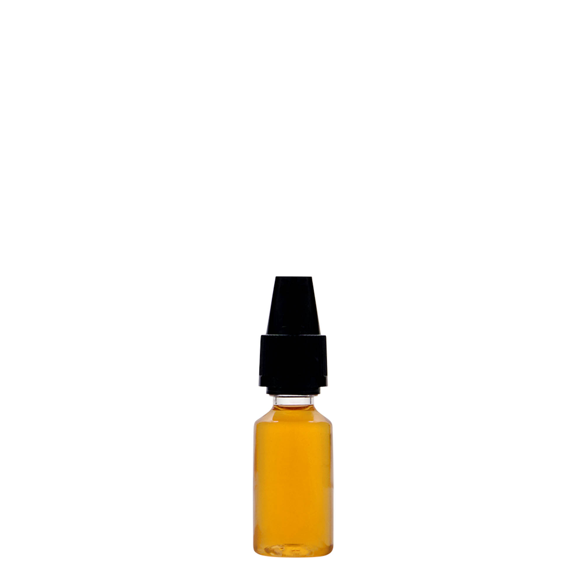 10 ml PET-flaske 'E-Liquid' med kvalitets- og børnesikring, plastik, åbning: skruelåg