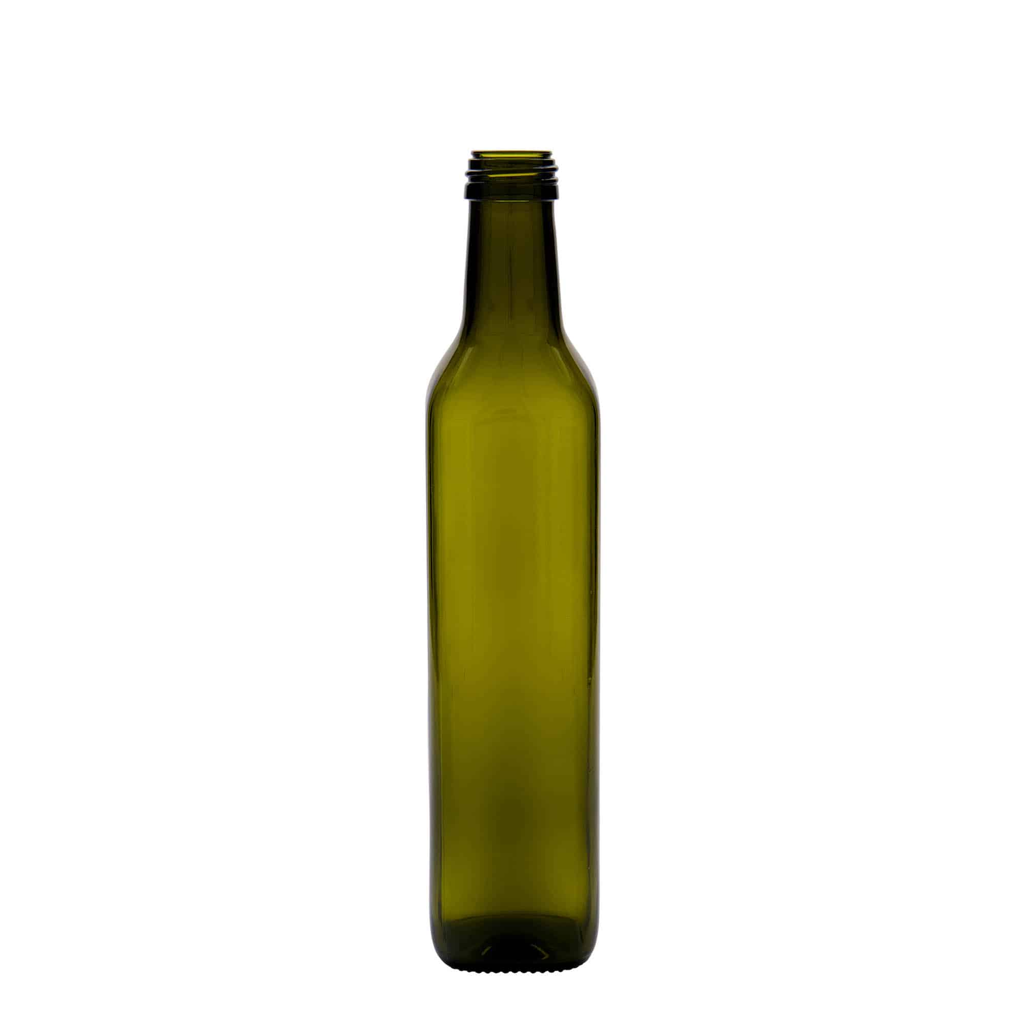 500 ml glasflaske 'Marasca', kvadratisk, antikgrøn, åbning: PP 31,5