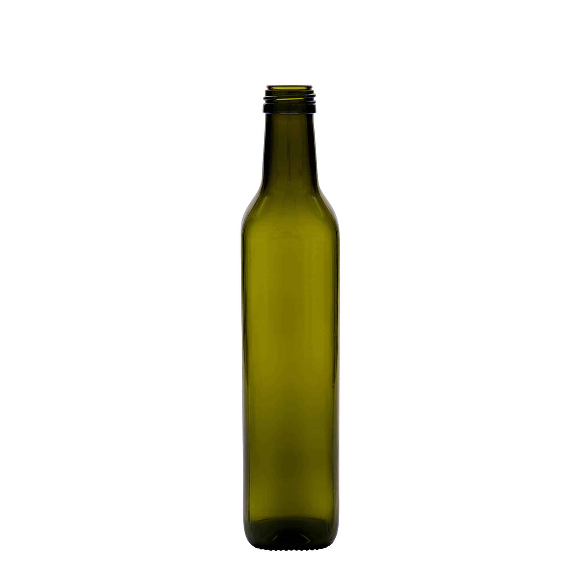 500 ml glasflaske 'Marasca', firkantet, antikgrøn, åbning: PP 31,5