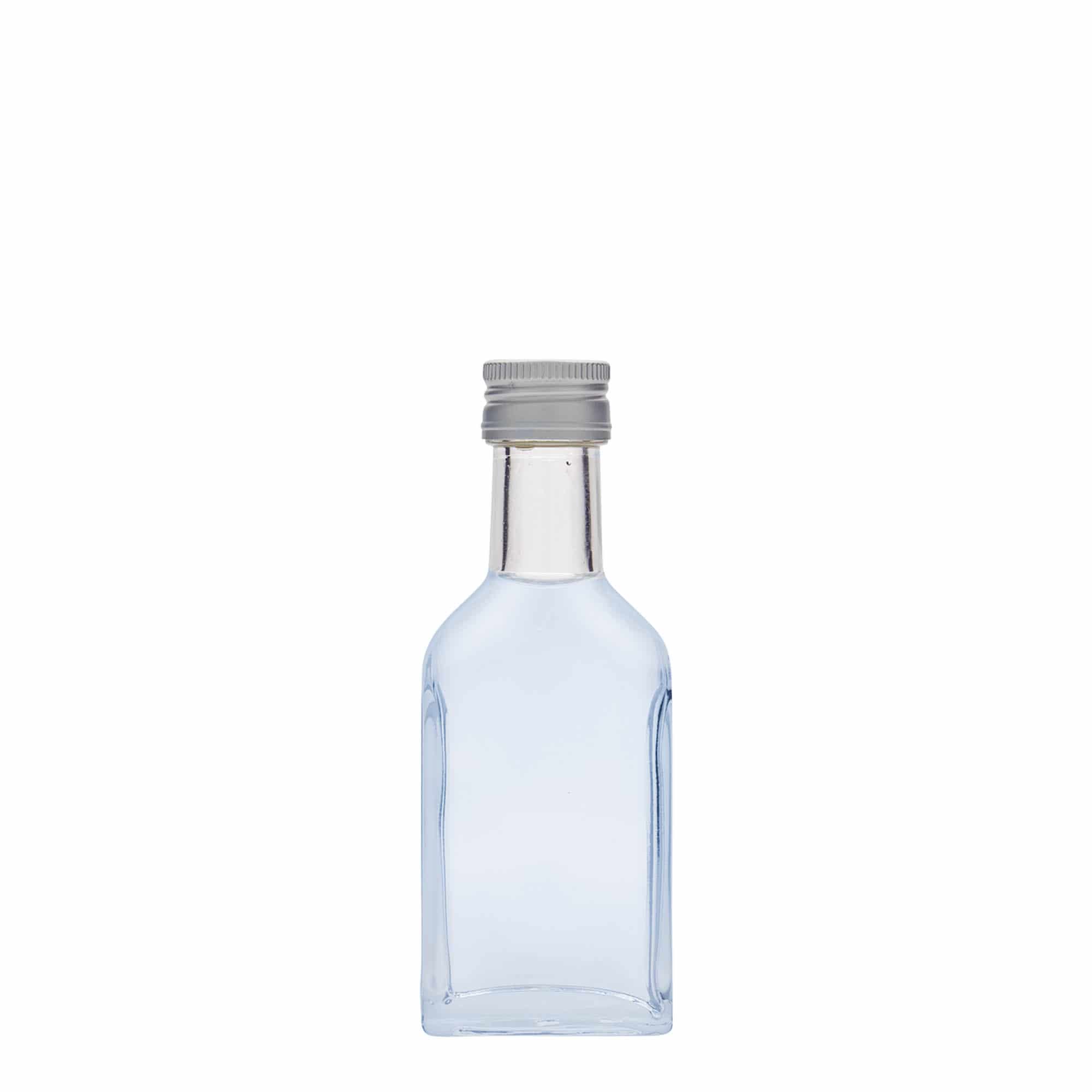 40 ml lommelærke, langhalset, firkantet, glas, åbning: PP 22