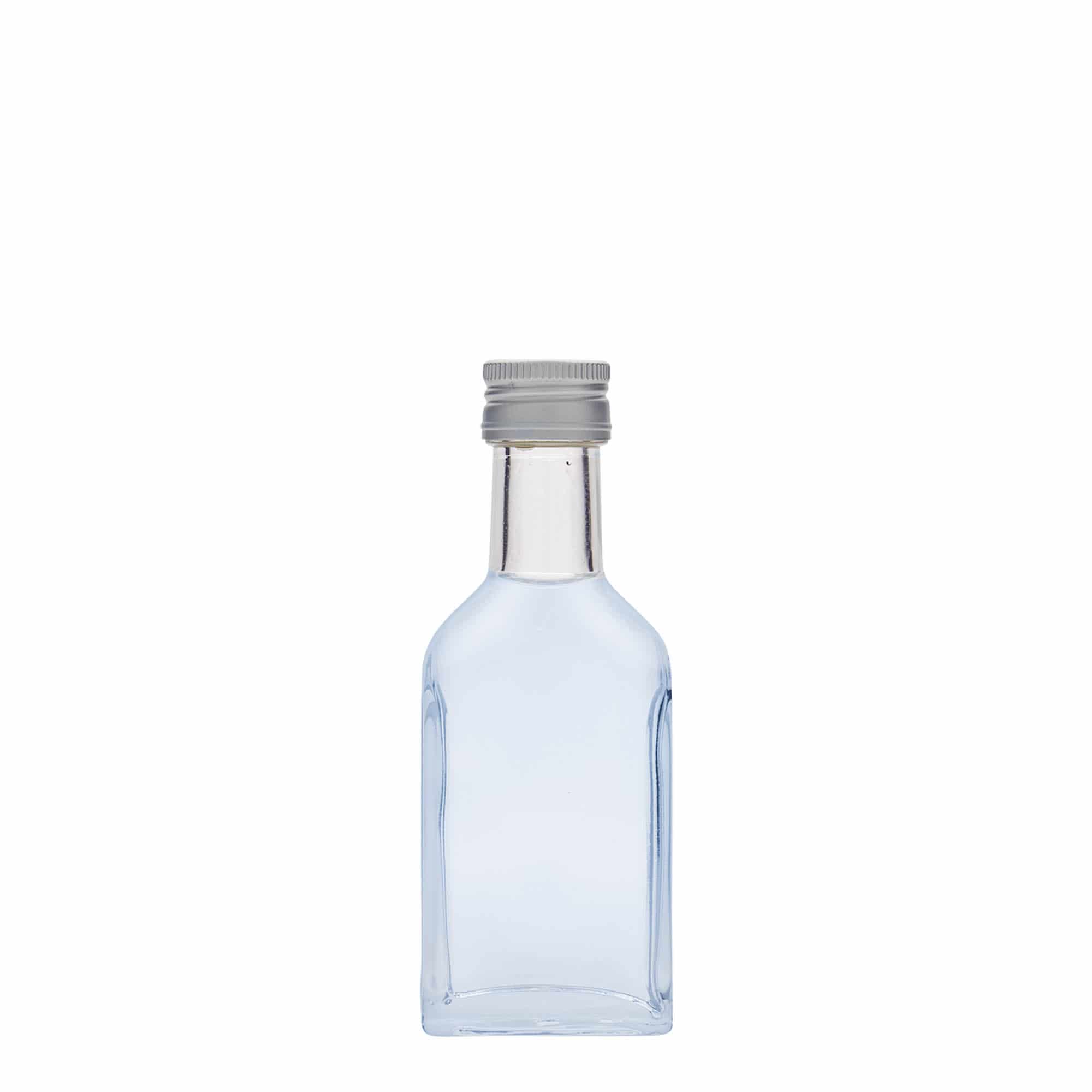 40 ml lommeflaske med lang hals, rektangulær, glas, åbning: PP 22