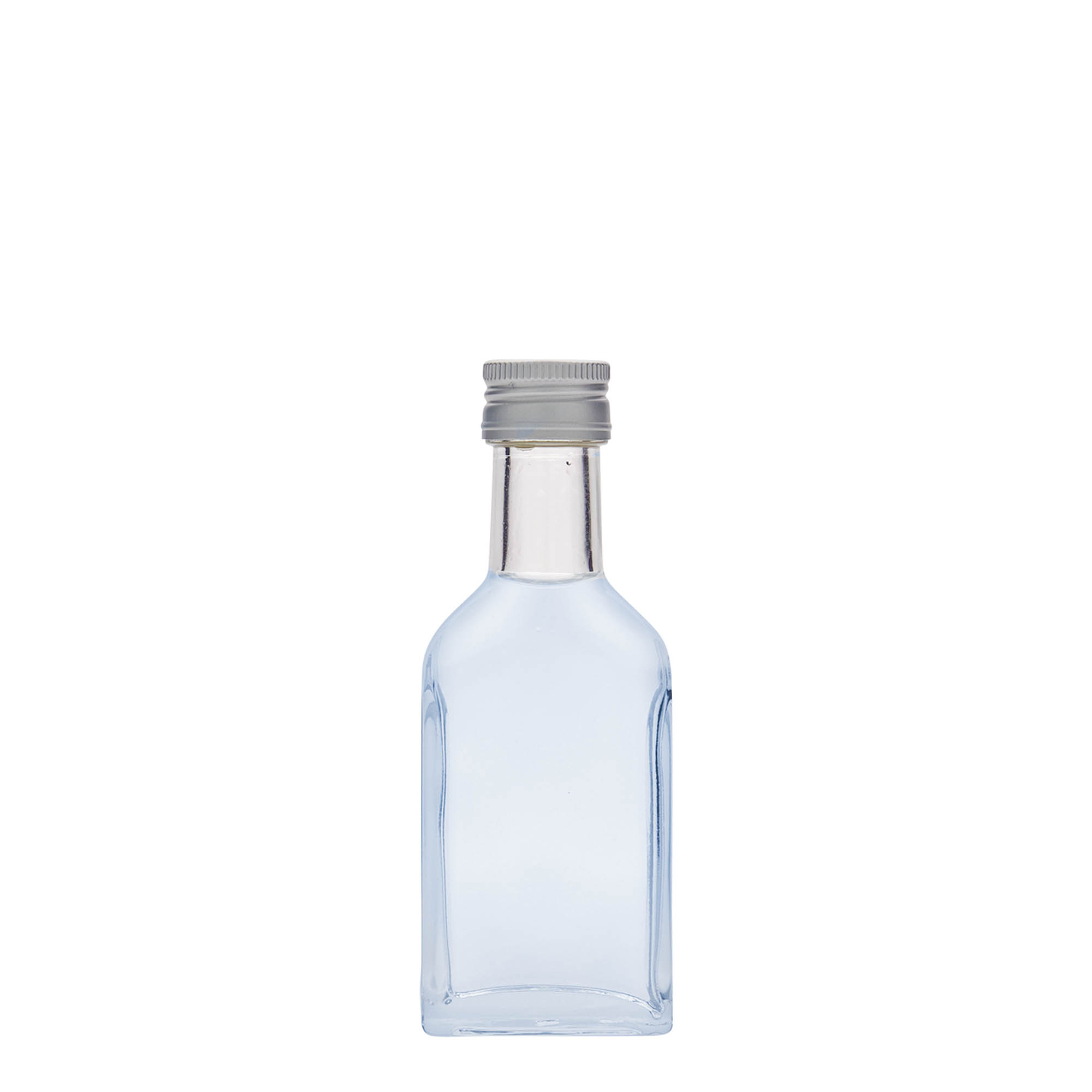 40 ml lommeflaske med lang hals, rektangulær, glas, åbning: PP 22 40 ml lommeflaske med lang hals, rektangulær, glas, åbning: PP 22