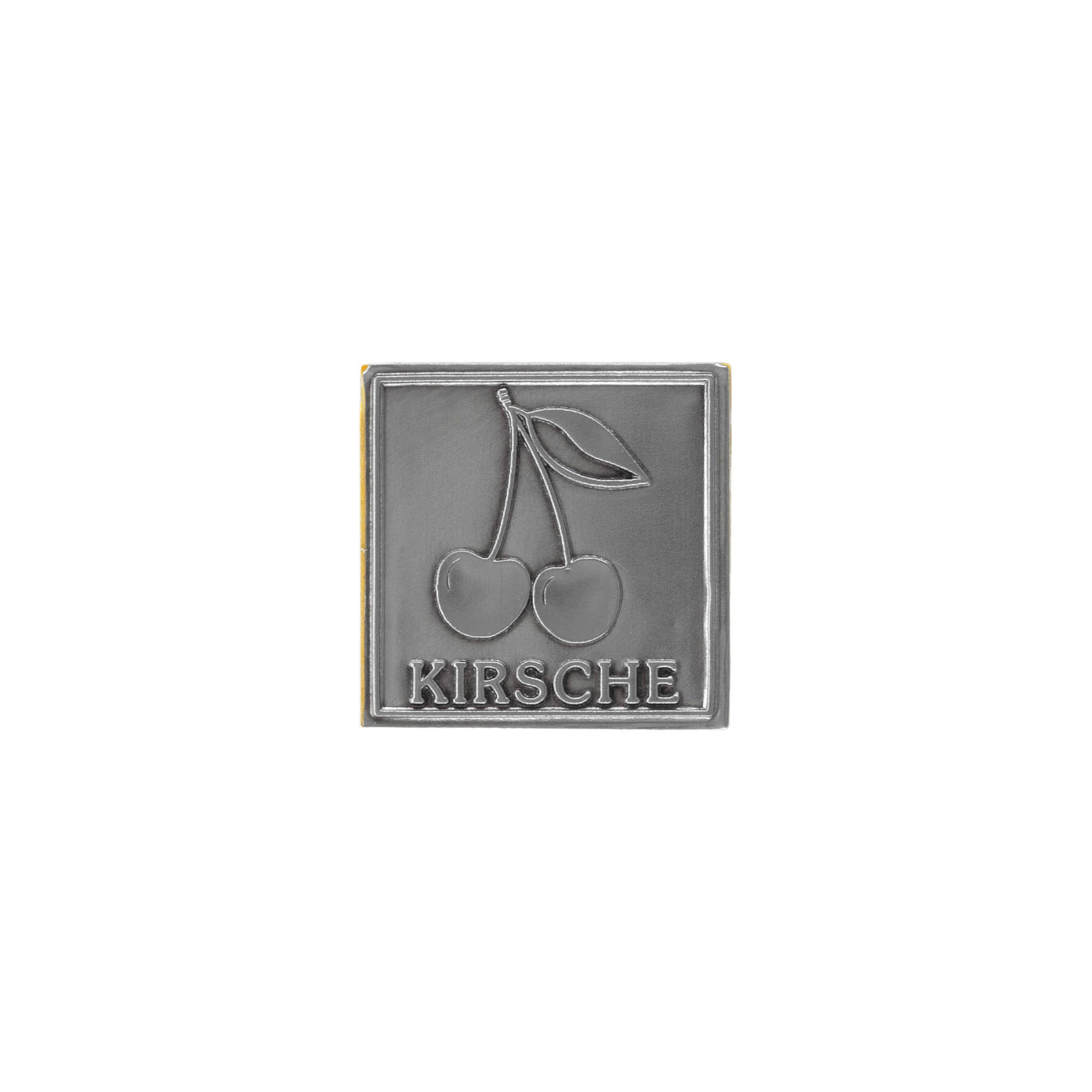 Tinlabel 'Kirsebær', kvadratisk, metal, sølv