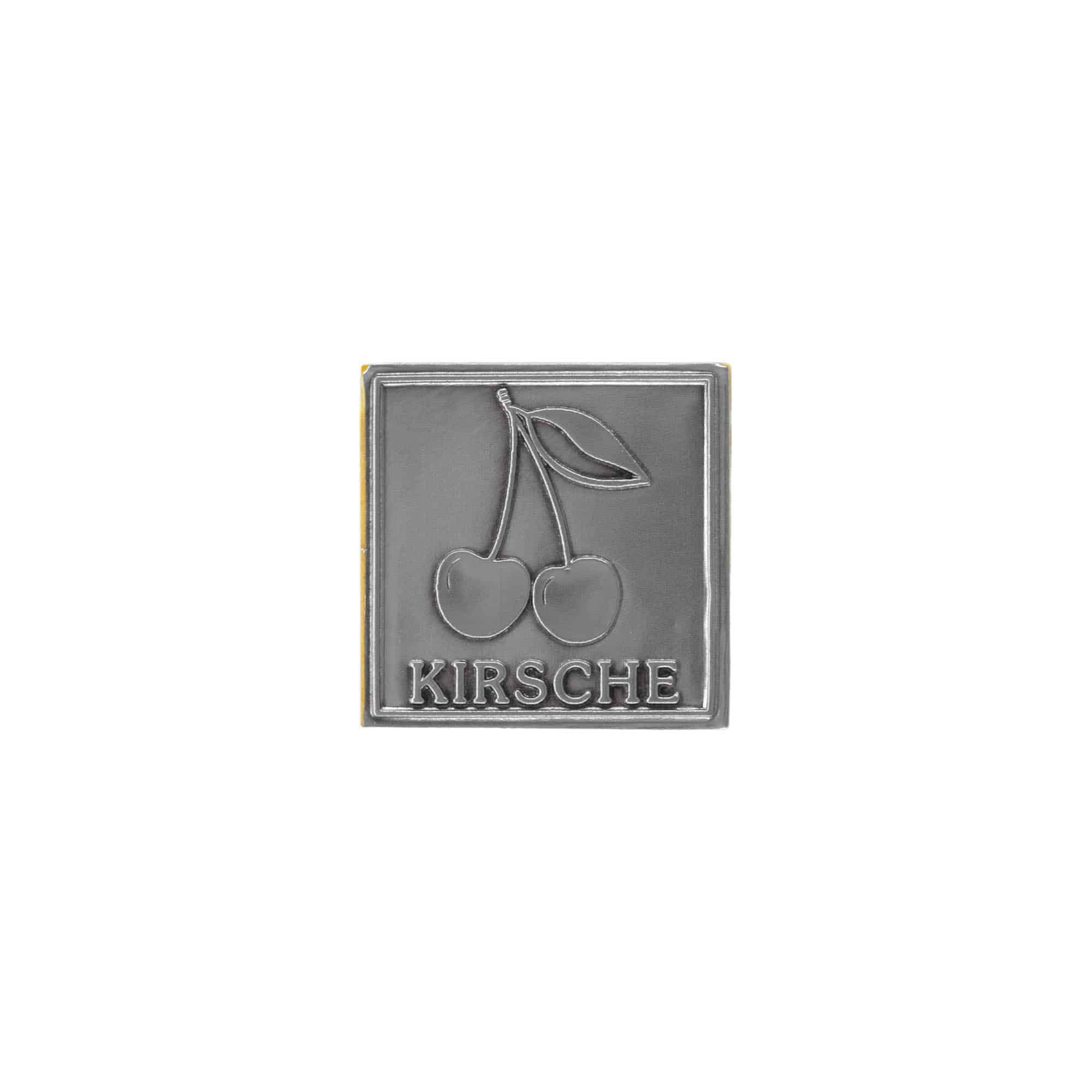 Tinlabel »Kirsebær«, kvadratisk, metal, sølv