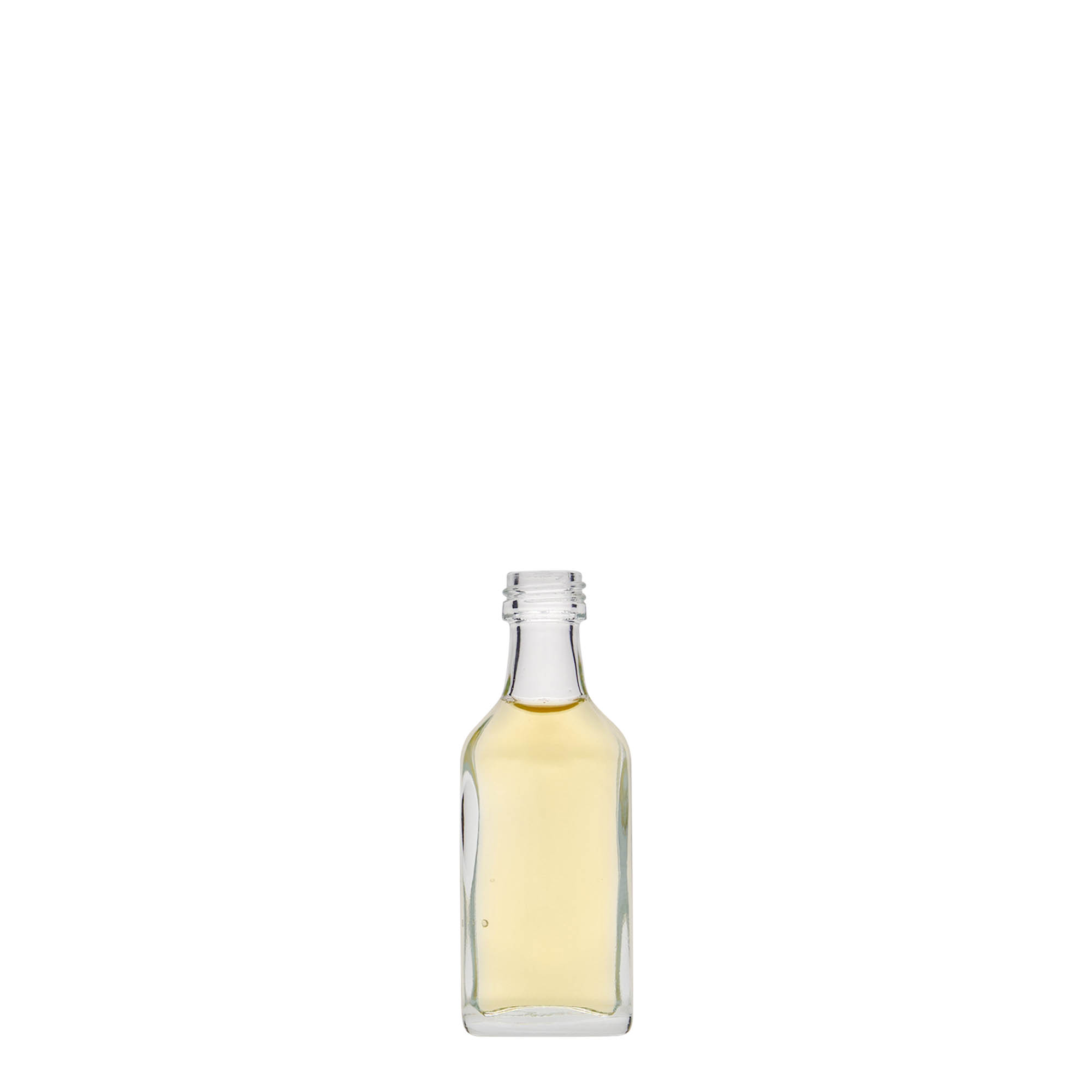 20 ml lommeflaske, rektangulær, glas, åbning: PP 18 20 ml lommeflaske, rektangulær, glas, åbning: PP 18
