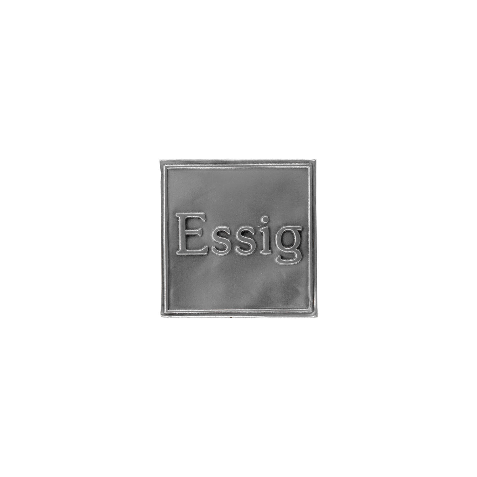 Tin etiket 'Eddike', firkantet, metal, sølv Tin etiket 'Eddike', firkantet, metal, sølv