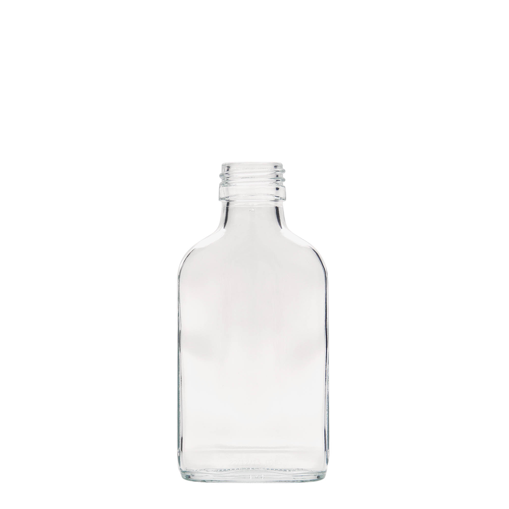 100 ml lommeflaske, rektangulær, glas, åbning: PP 28 100 ml lommeflaske, rektangulær, glas, åbning: PP 28
