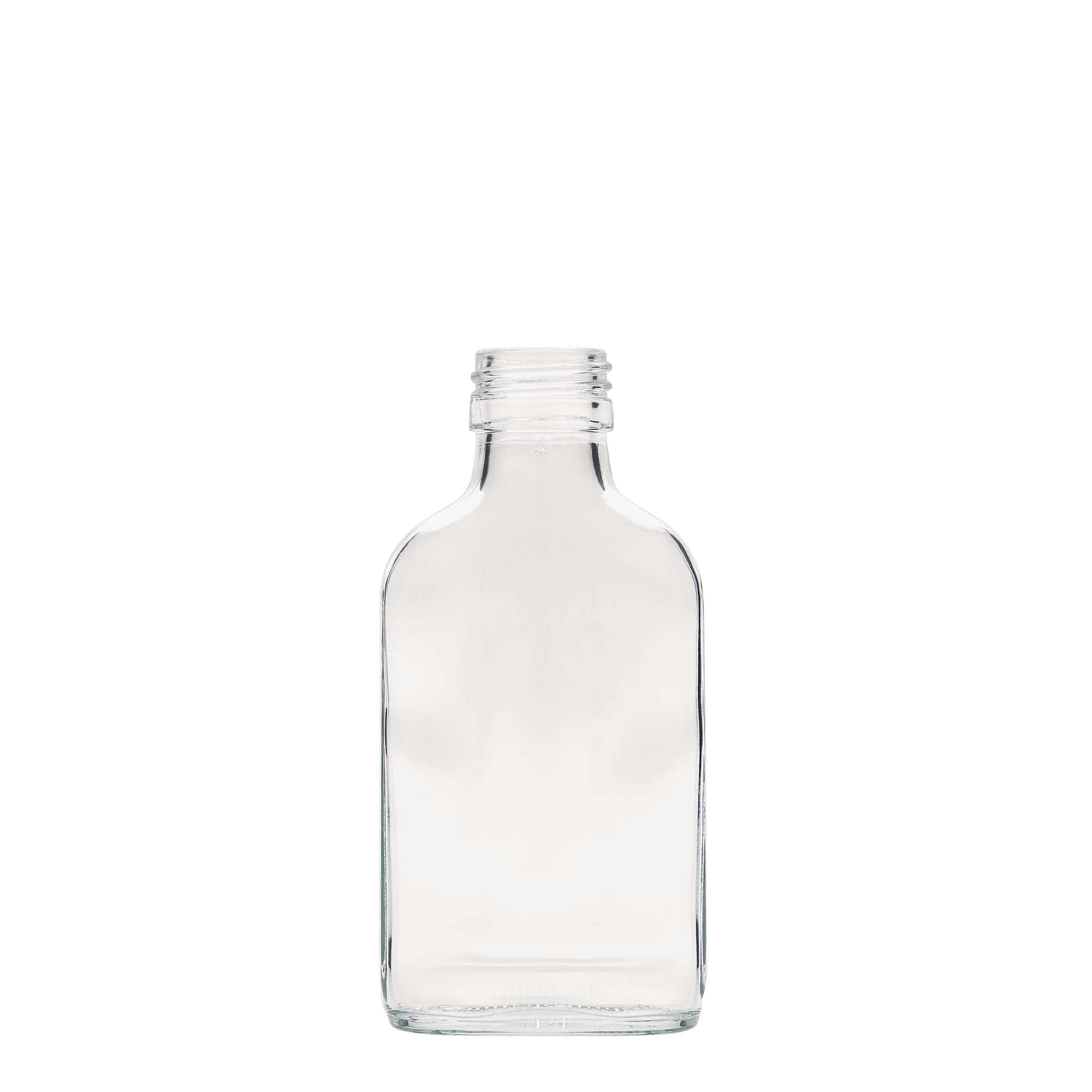 100 ml lommeflaske, rektangulær, glas, åbning: PP 28