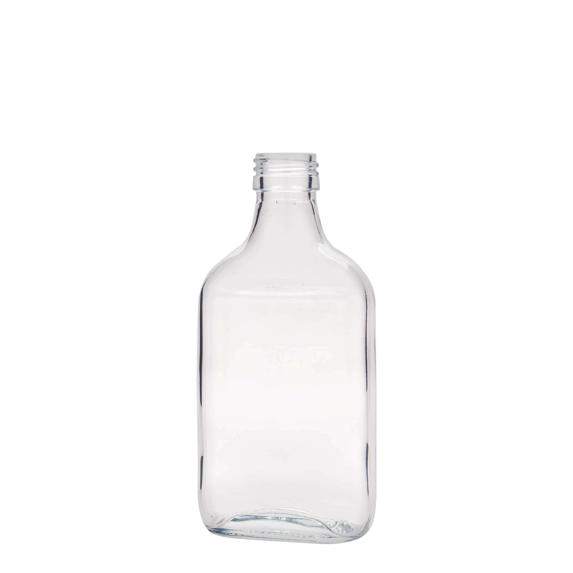 200 ml lommeflaske, rektangulær, glas, åbning: PP 28