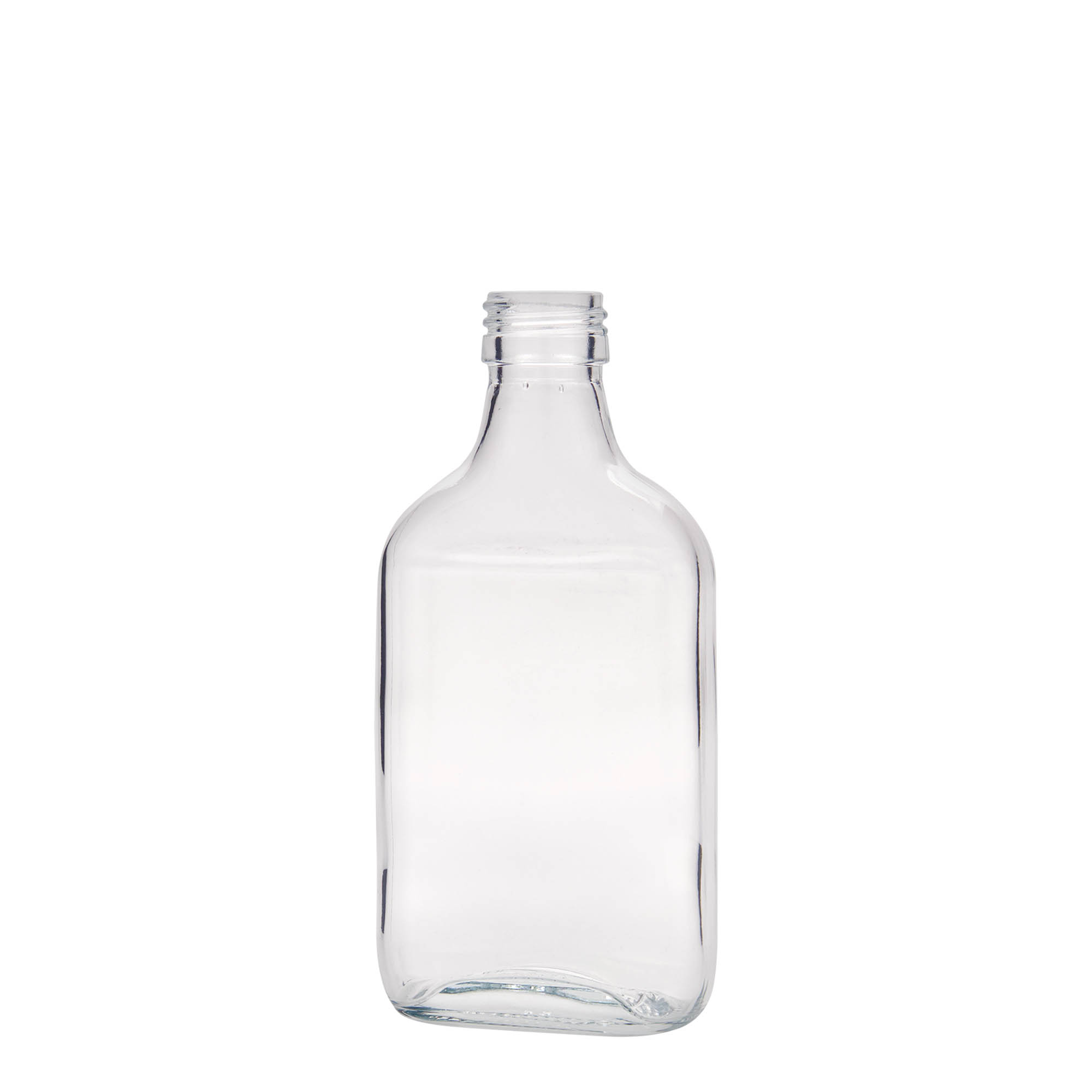 200 ml lommeflaske, rektangulær, glas, åbning: PP 28