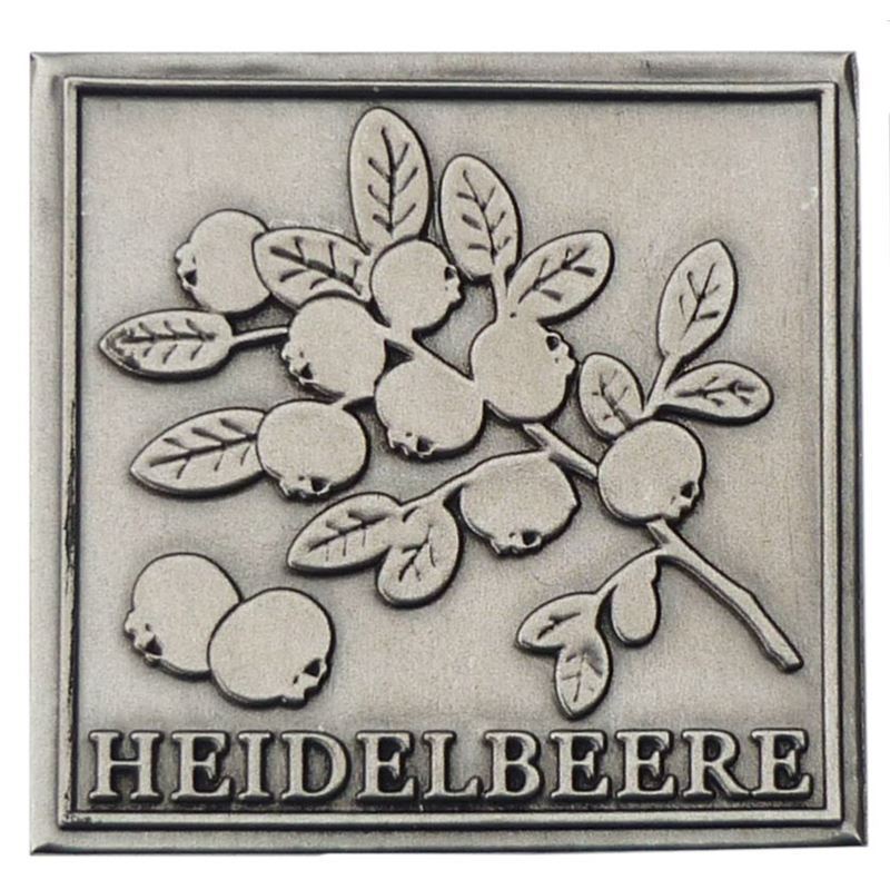 Tinetiket 'Blåbær', kvadratisk, metal, sølv