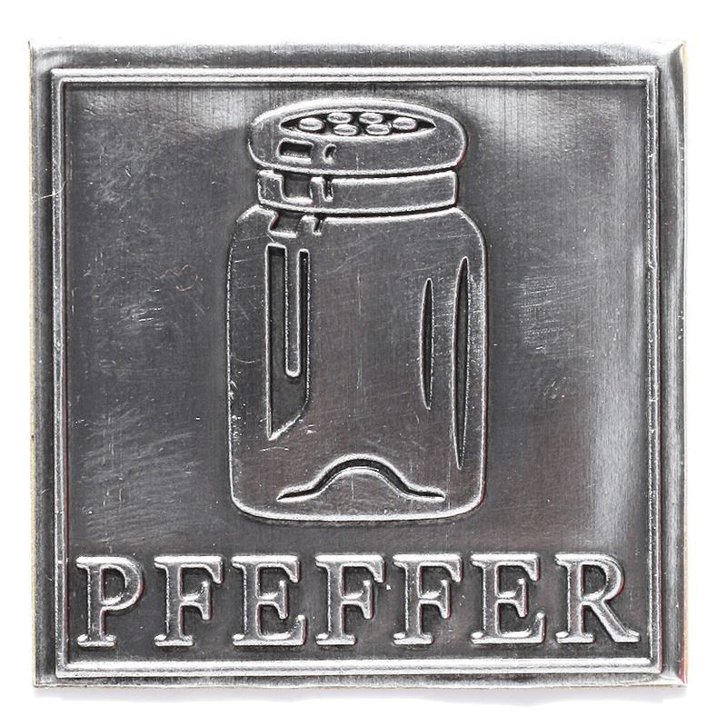 Tinetiket 'Peber', kvadratisk, metal, sølv